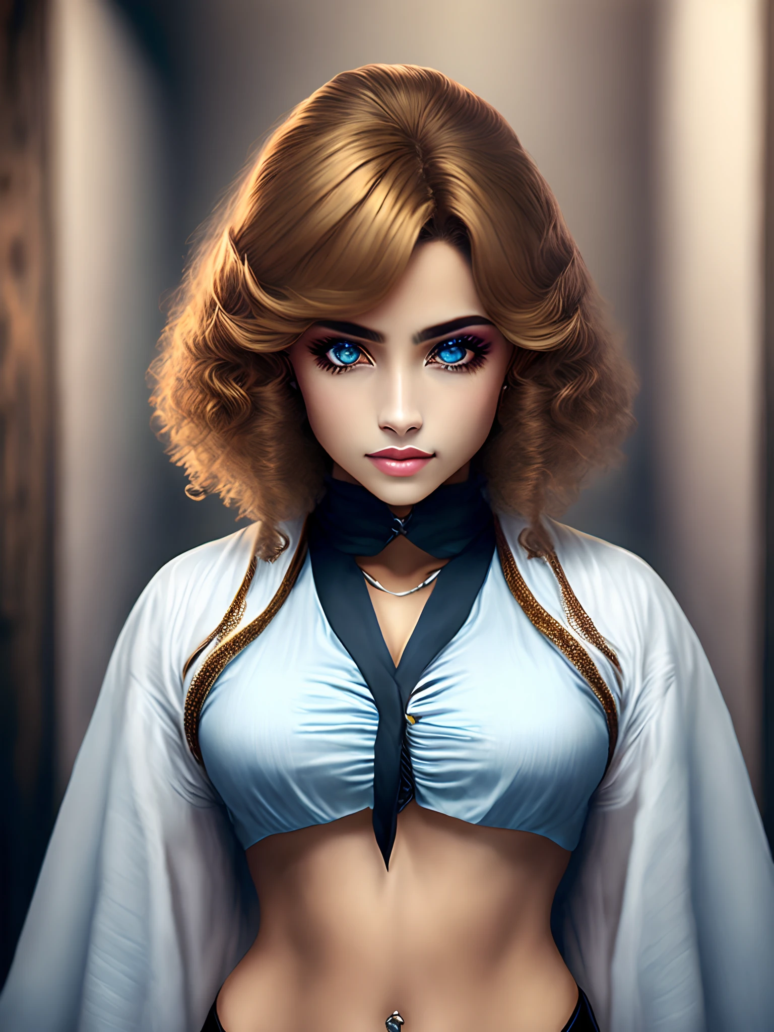 Criar mulher branca, olhos claros, cabelo curto na cor catanho, corpo definido, de roupa sexy