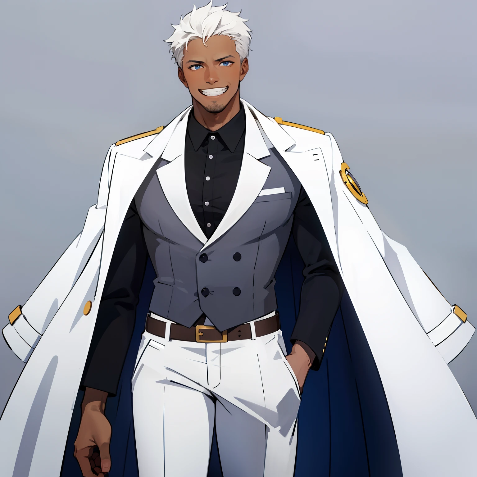 masterpiece, best quality, 1boy, solo, male focus, dark skin, white hair, hand in pocket, smile, dark-skinned male, blue eyes, jacket, white pants, belt, grin, grey background, white jacket, simple background