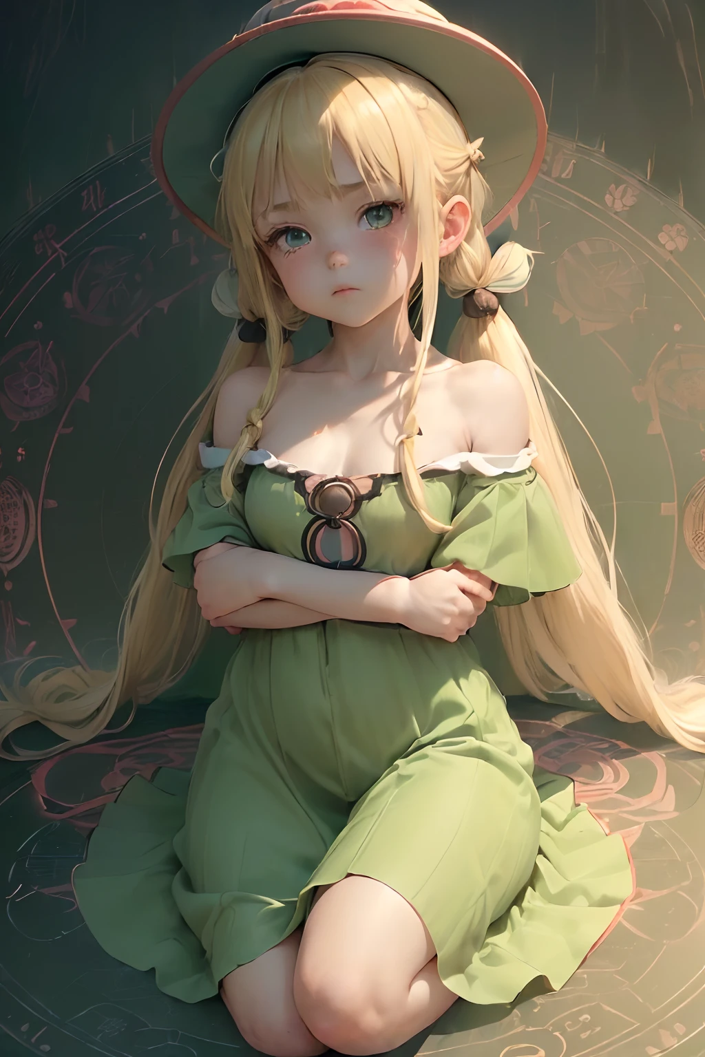 ((((hyperdetailed face, Perfect face and nice perfect face)))),( hight resolution, ultra-detailliert), (((((Anime with blonde twin tails with long hair)))),(((Arms crossed behind your back))),(((Seiza)))
,(((Big priest's hat))),((())),(((Dense foggy forest))),((((toppless,Light Green Off Shoulder Long Dress, Highest Quality)))),(((Rin))),((())),(((,Kamimei))),(((Detailed very small breasts))).((())),(((On a big magic circle))),(((,Piece of art))),(()),((heavy fog))),(((Dimmed lighting))),(((red blush))),((magic circles)),,((((Little Boy))),