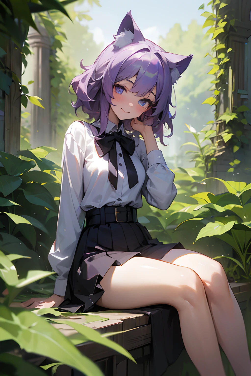 Textured skin, (very messy medium hair), smile and very blush, sparkle eyes, cute makeup, Best Quality, ((Masterpiece)), (High Definition:1.3), (Professional Photography:1.2), 8K, Beautiful photo, wide-shot, sit and model posing in the ragged ruin garden, 1girl, Slender small breasts, cat ears, pale purple hair, Cute teenage Beautiful Girl、Decorated oversized uniform shirts, exposed shoulder