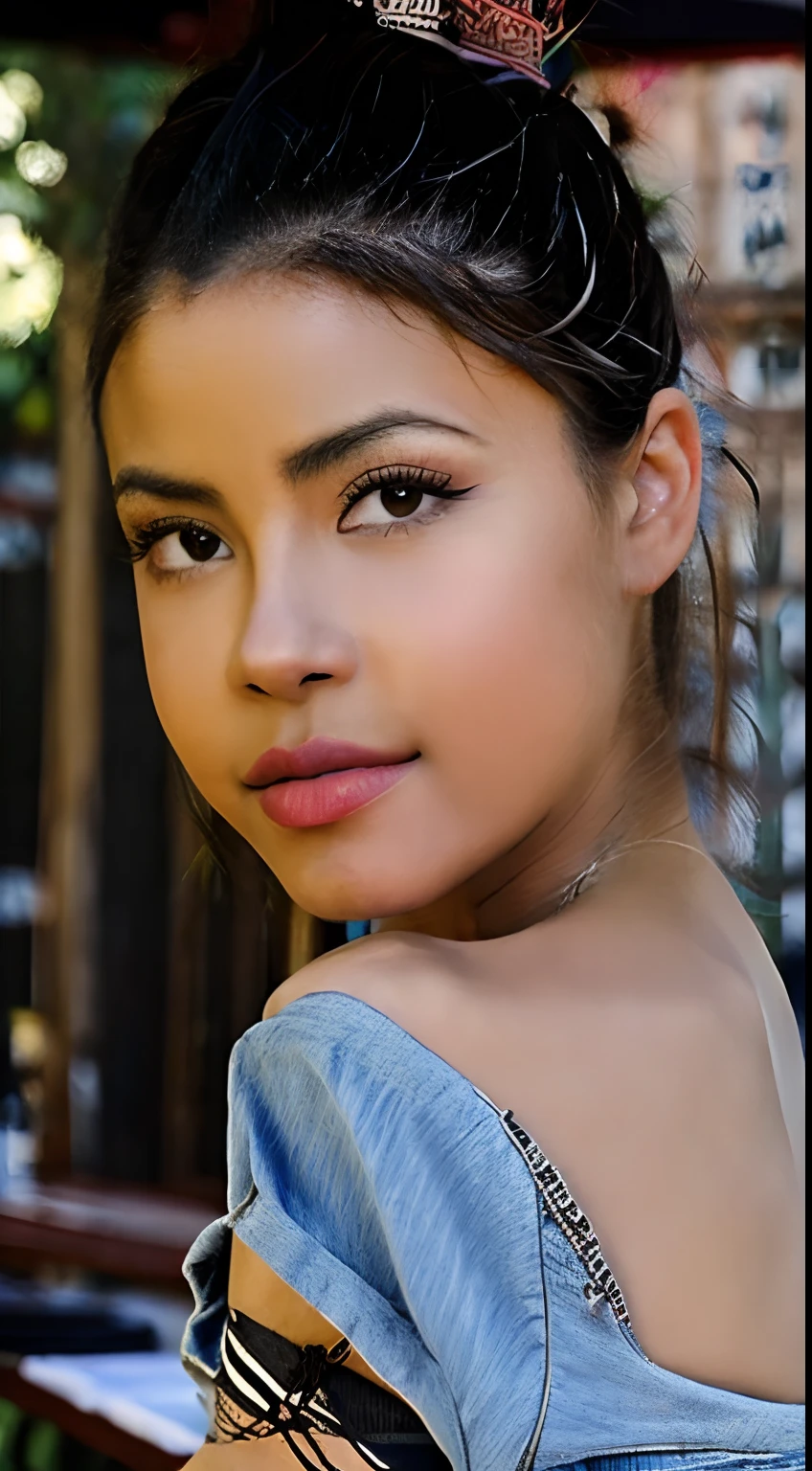 sharp eyes, (bouche respiratoire:1.3), regardant droit, une jolie femme noire de 20 ans, cheveux courts de salon, wearing a shirt with bare shoulders, tour de cou, portrait en gros plan, in a beer garden in 2015, Light of the&#39;afternoon, [(selena Gomez : 0,5) | (Kristen Bell : 1,0)]