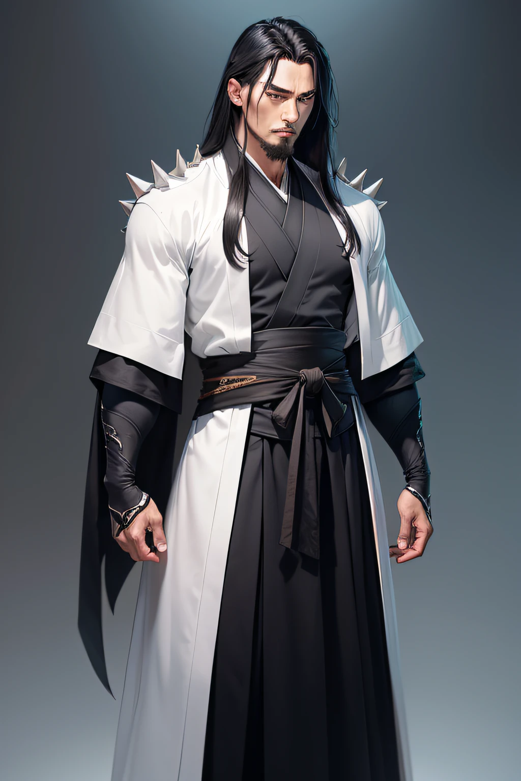 A Shinigami, 25 years old, with an imposing presence, stands at 1.70 meters tall, has shoulder-length black hair, long hair, gray eyes, deep eyes, a serene facial expression, a serious facial expression, wears Shinigami attire, formal attire, elegant attire, exudes authority, has a cold skin tone, carries a mysterious air, exudes confidence, bears a straight scar on the forehead that begins at the nasal bone and ascends vertically, sports shoulder pads with spikes, slightly furrowed eyebrows, lips firmly closed, stands erect, with shoulders slightly tilted forward, and maintains a well-trimmed beard and goatee, Full body, Character Only, 8k, 4k, FullHD, ultraquality, a white under clothing, a black small sleeve, a black hakama, a white hakama-himo, a white foot pouch, a Waraji,