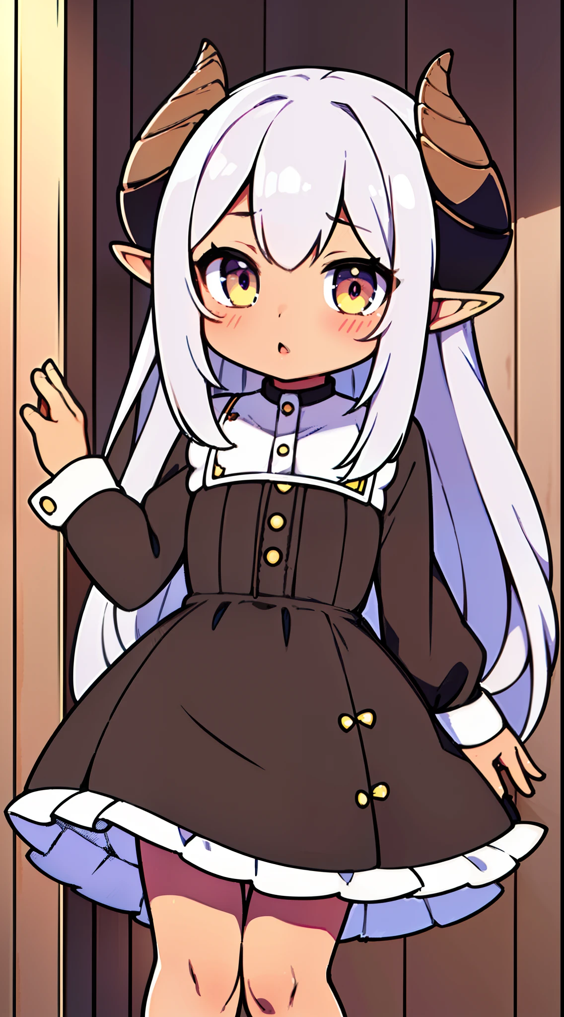 (Original Character,8k, Masterpiece, Best Quality,Detailed, Beautiful Detailed Eyes, solo),((1loli girl,4 years old)),((small body)),little black dress,white hair,long hair,yellow eyes,elves ears,horns,loli,solo,cute,(standing in a room in house),shy,blush,cowboy shot,(((brown skin)))