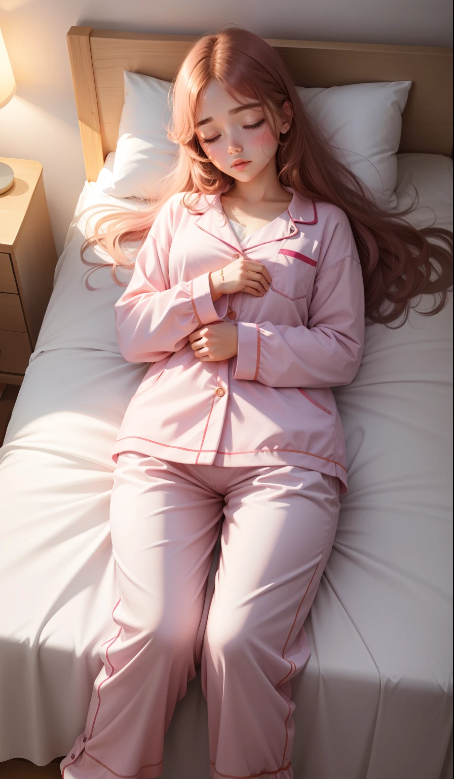 Sleeping girl,22 years old,PhotoRealistic,She wears a short skirt,Wear sexy pajamas,Pink Hair。