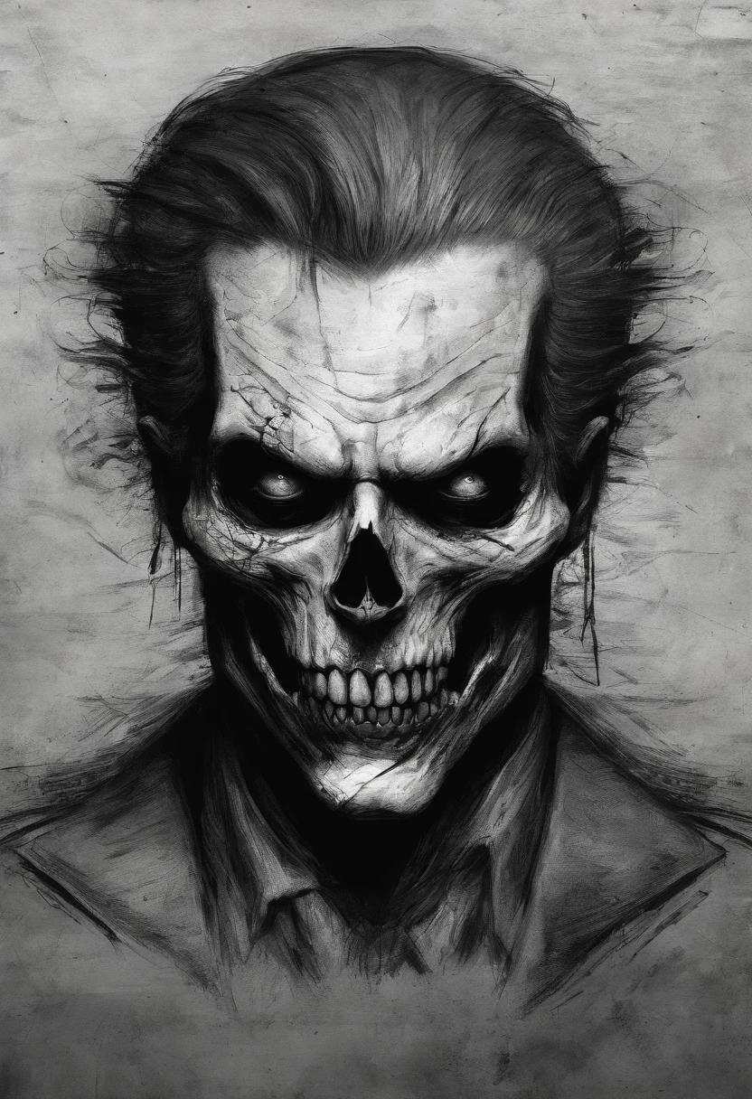 (best quality,hyper-realistic,artistic:1.2),[sketch drawing],character,[skull joker],black and white, Detailed sketch, Intricate lines, Fine shading, Expressive strokes, Distinctive features, Dramatic shadows, High contrast, Intense emotions, Grayscale texture, Dynamic composition