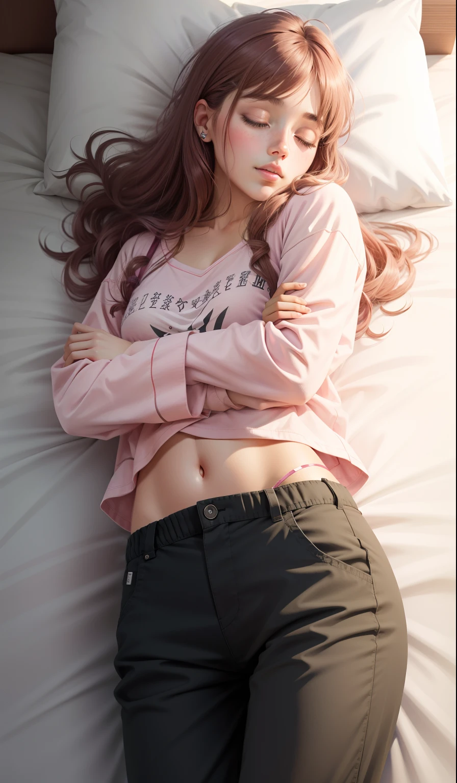 Sleeping girl, , yukino yukinoshita, realistic, she is wearing long pants, she is wearing pink pajama, black hair.