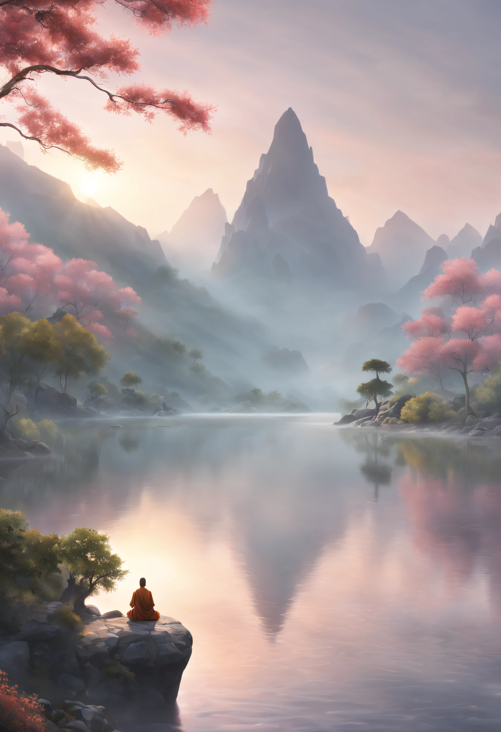 (a panoramic view of mist-covered mountains,tranquil lake in the foreground),serene sunset scene,an overlooking view of misty mountains with a calm lake in the foreground. On the side of the lake, a monk meditates silently, immersed in the serenity of the evening. And elaborate details of the monk's face and clothing,granite mountains,jade-like lake,serene atmosphere,soft mist,reflective surface,unique rock formations,tranquil ambiance,peaceful setting,cascading waterfalls in the distance,subtle shades of pink and orange in the sky,sun's rays piercing through the mist,gentle ripples on the lake's surface,hushed silence,and beautiful harmony between nature and spirituality.-(best quality,4k,8k,highres,masterpiece:1.2),ultra-detailed,(realistic,photorealistic,photo-realistic:1.37),HDR,UHD,studio lighting,ultra-fine painting,sharp focus,vivid colors,physically-based rendering,professional,landscape.