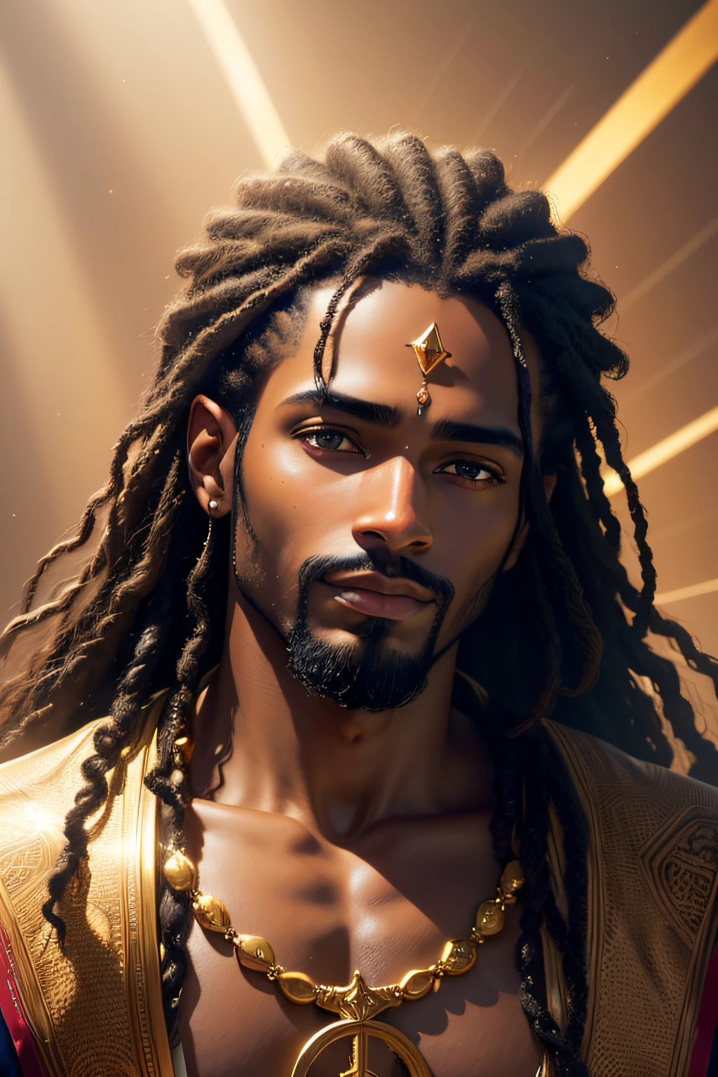 A black man as Jesus, (best quality, 4k, highres, masterpiece:1.2), ultra-detailed, (realistic, photo-realistic:1.37), vibrant colors, dramatic lighting, heavenly aura, spiritual essence, flowing robes, serene expression, majestic presence, divine radiance, sacred atmosphere, disciples in awe, halo, crown of thorns, sorrowful eyes, compassionate smile, outstretched arms, golden backdrop, heavenly light, ethereal glow, divine beauty, uplifting inspiration, iconic portrait, religious symbolism, profound spirituality, biblical imagery.