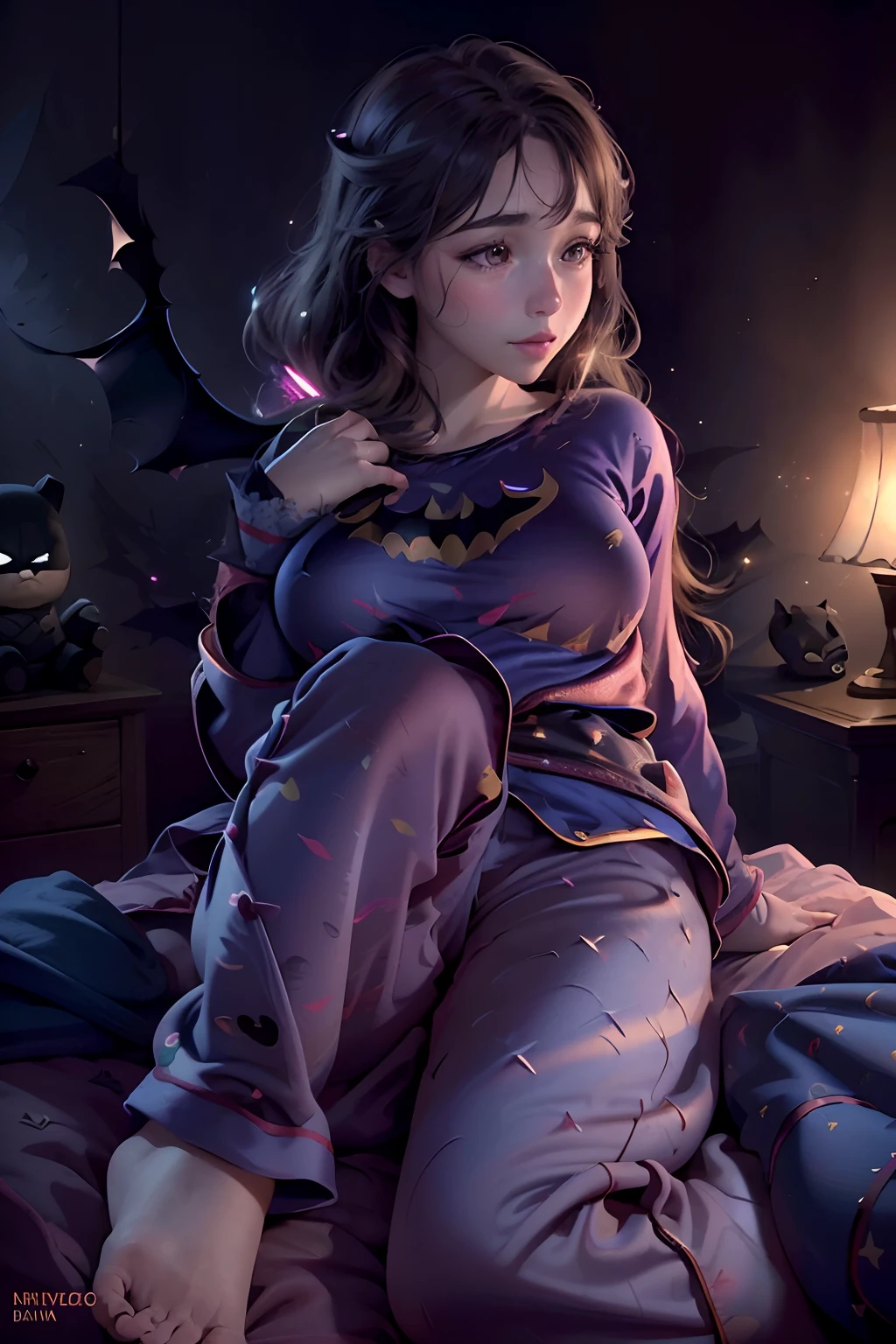 (best quality,4k,highres,masterpiece:1.2),ultra-detailed,(realistic,photorealistic,photo-realistic:1.37),beautiful young woman,(long eyelashes,sparkling eyes:1.1),(rosy cheeks,soft skin:1.1),sleeping,(relaxed,peaceful:1.1),batman pajamas,(playful,cartoonish design:1.1),batman Teddy Bear,(cute,fluffy:1.1),dreaming,(colorful,fantastical scenery:1.1),soft lighting,dark-toned background,vivid colors,artistic portrait,superhero pajamas, full body