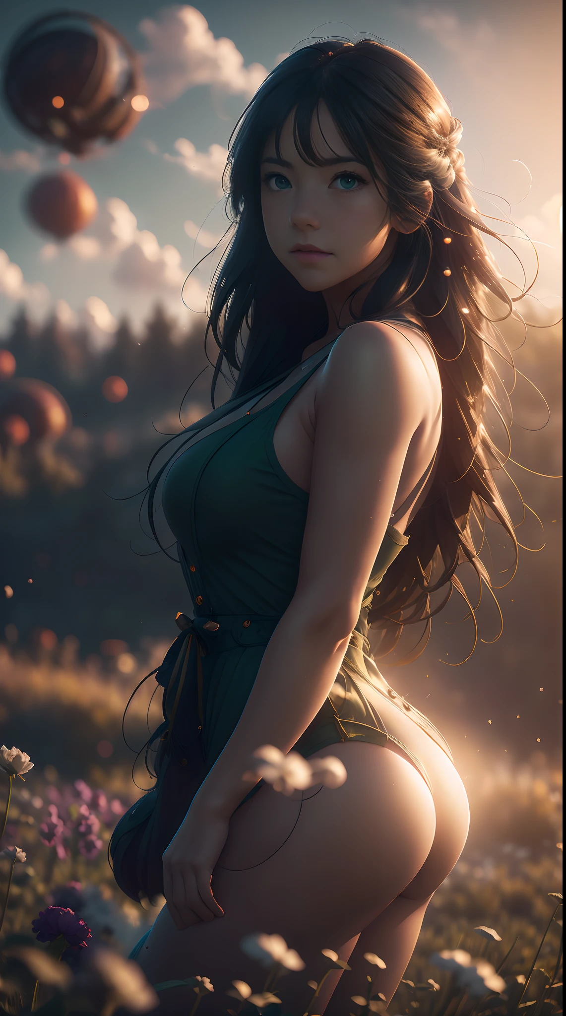 ((masterpiece)), (best quality), (cinematic), UHD, a woman in a long white dress, running through an open field, long black hair, bangs, chubby, wide hips, full body, green eyes, freckles on cheeks, wind, detailed face, detailed body, red and orange sky, glow, clouds, vegetation, green plains, floating bubbles, (cinematic, colorful), vast field, (extremely detailed), inspired by Studio Ghibli, EpicSky, cloud, sky, highly detailed, detailed face,