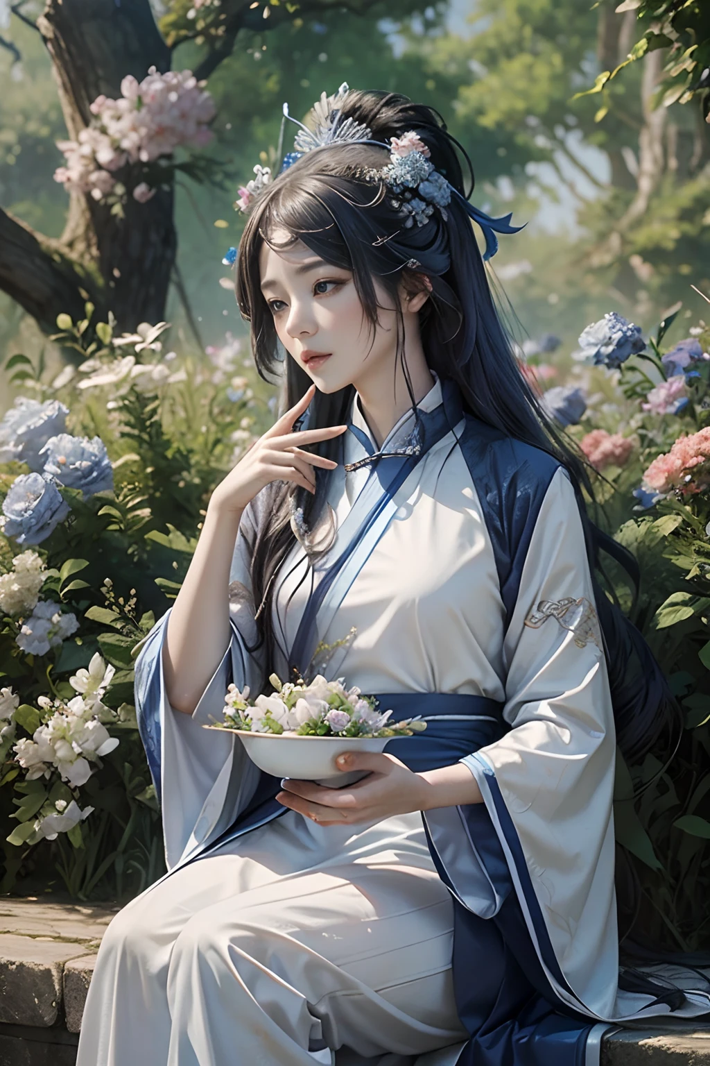 A woman in a blue and white dress with flowers in her hair, hanfu, palace, girl in hanfu, blue hanfu, white hanfu, wearing ancient Chinese costume, ((beautiful fantasy queen)), ancient Chinese princess, Chinese style, traditional Chinese clothing, ancient Chinese clothing, beautiful fantasy queen, Chinese princess, traditional beauty,
