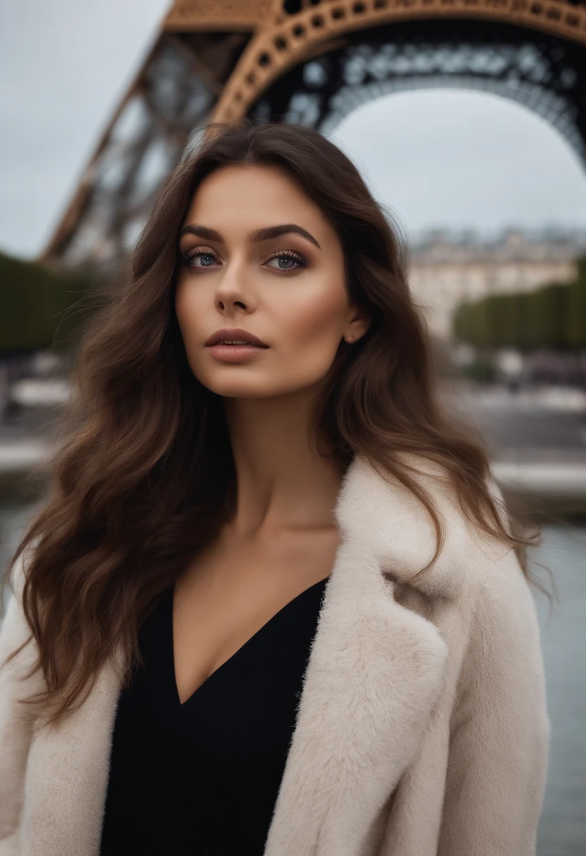 Arafed woman completely , devant la tour eiffel, avec un manteau en fourrure, fille sexy aux yeux bruns, ultra realist, Meticulously detailed, Portrait Sophie Mudd, cheveux bruns et grands yeux, selfie of a young woman, Yeux de chambre, Violet Myers, sans maquillage, maquillage naturel, looking straight at camera, Visage avec Artgram, Maquillage subtil, Great photo of the whole body kneeling on the bed, dans la chambre, Medium to large bust