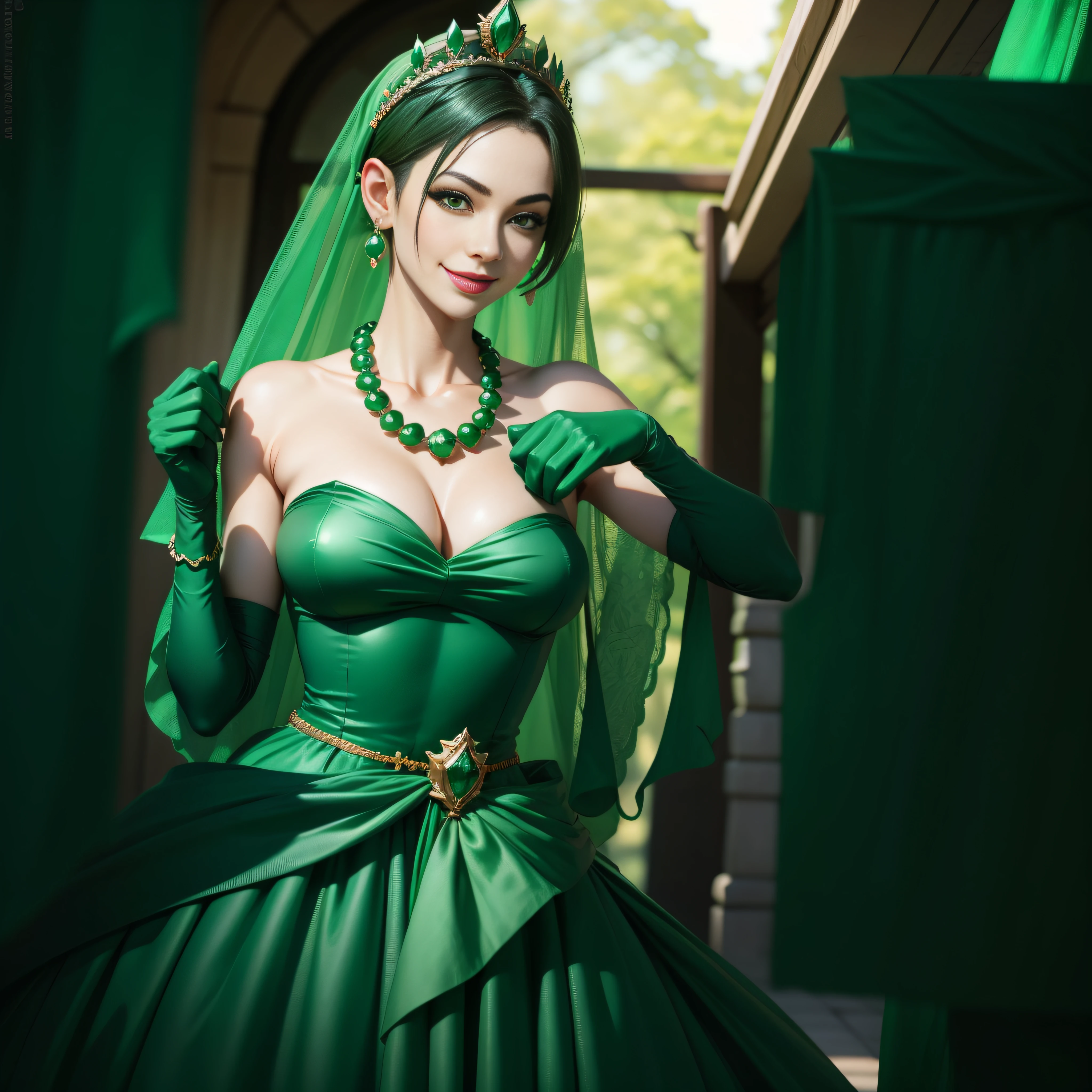 emerald tiara, Green Pearl Necklace, Boyish very short green hair, lipsticks, Japan woman smiling, very short short hair, big breasts beautiful, Green eyes, Long green gloves made of satin material, Green eyes, Emerald Earrings, Green dress, holding swords