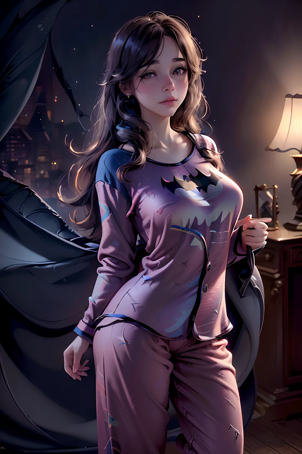 (best quality,4k,highres,masterpiece:1.2),ultra-detailed,(realistic,photorealistic,photo-realistic:1.37),beautiful young woman,(long eyelashes,sparkling eyes:1.1),(rosy cheeks,soft skin:1.1),sleeping,(relaxed,peaceful:1.1),batman pajamas,(playful,cartoonish design:1.1),batman Teddy Bear,(cute,fluffy:1.1),dreaming,(colorful,fantastical scenery:1.1),soft lighting,dark-toned background,vivid colors,artistic portrait,superhero pajamas, full body