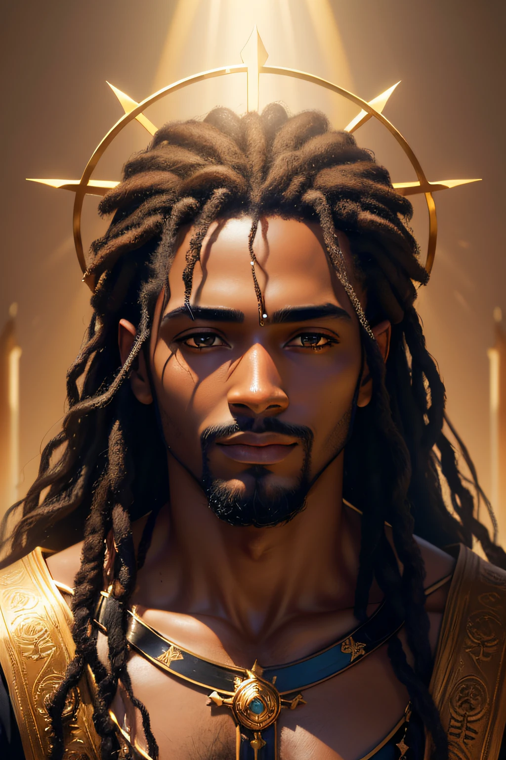 A black man as Jesus, (best quality, 4k, highres, masterpiece:1.2), ultra-detailed, (realistic, photo-realistic:1.37), vibrant colors, dramatic lighting, heavenly aura, spiritual essence, flowing robes, serene expression, majestic presence, divine radiance, sacred atmosphere, disciples in awe, halo, crown of thorns, sorrowful eyes, compassionate smile, outstretched arms, golden backdrop, heavenly light, ethereal glow, divine beauty, uplifting inspiration, iconic portrait, religious symbolism, profound spirituality, biblical imagery.