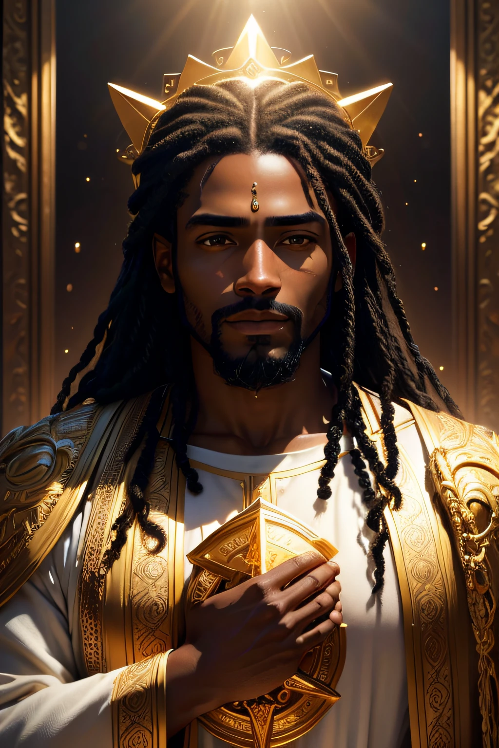 A black man as Jesus, (best quality, 4k, highres, masterpiece:1.2), ultra-detailed, (realistic, photo-realistic:1.37), vibrant colors, dramatic lighting, heavenly aura, spiritual essence, flowing robes, serene expression, majestic presence, divine radiance, sacred atmosphere, disciples in awe, halo, crown of thorns, sorrowful eyes, compassionate smile, outstretched arms, golden backdrop, heavenly light, ethereal glow, divine beauty, uplifting inspiration, iconic portrait, religious symbolism, profound spirituality, biblical imagery.