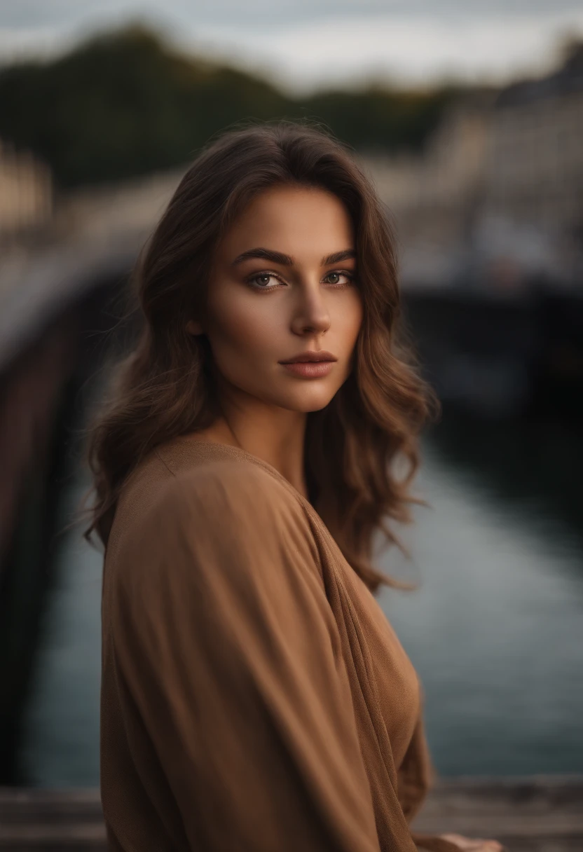 Arafed woman completely , on a houseboat, sur la seine, de jour, Sharp background , avec un manteau en fourrure, fille sexy aux yeux bruns, ultra realist, Meticulously detailed, Portrait Sophie Mudd, cheveux bruns et grands yeux, selfie of a young woman, Yeux de chambre, Violet Myers, sans maquillage, maquillage naturel, looking straight at camera, Visage avec Artgram, Maquillage subtil, Great photo of the whole body kneeling on the bed, dans la chambre, Medium to large bust