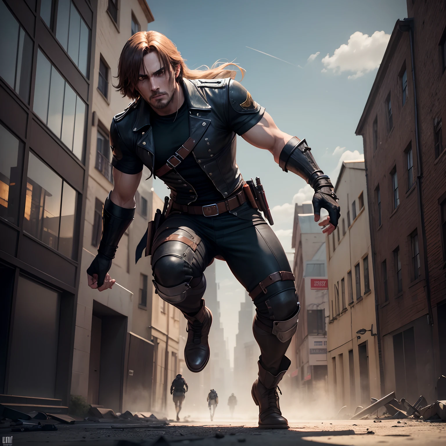 A man look like Leon Kennedy top on building Runing And jumping other buildings,outfits Prince of parisa, long hair,shadow rogue, shadow power, RPG, medieval city scenery, assassin, brown eyes, rogue armor , night, black tones,full body,4K