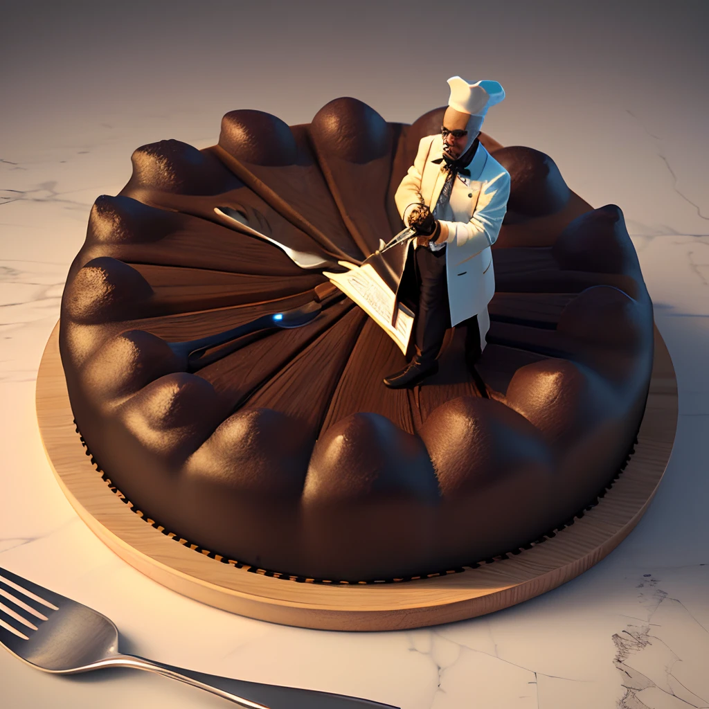 Illustrate me a 3d representation of an old black pastry chef surrounded by his utensils 
High definition, 4k