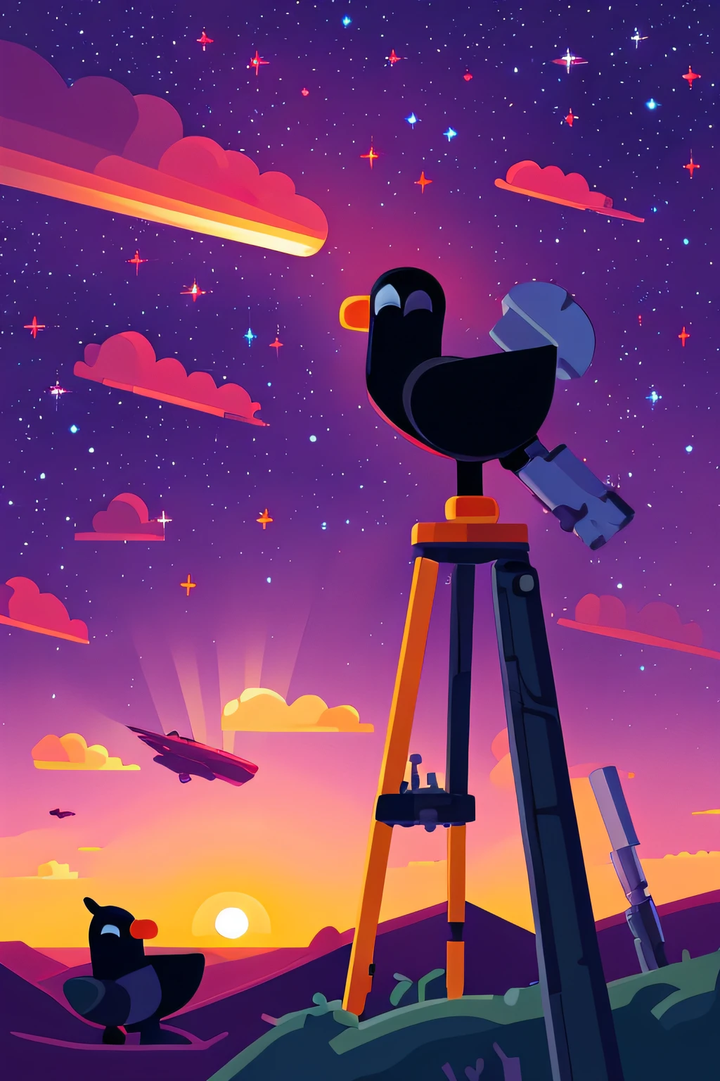 starry,bird,Kurzgesagt bird,a tree,Star,Using the telescope,Sunset,
vector art, Kurzgesagt, sharp-focus, (HDR), (8K), (gigapixel), ((Masterpiece))