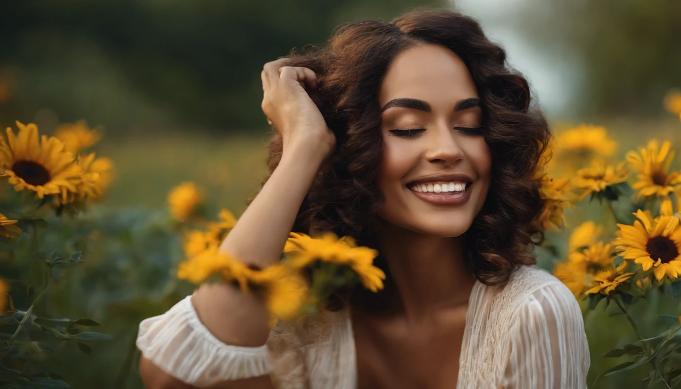 uma mulher de cabelos cacheados sorrindo e olhando para o celular, cabelos pretos cacheados | d & d, cabelos preto cacheados, cabelos preto cacheados, preto encaracolado, cabelos preto cacheados, cabelos cacheados, cabelos cacheados, bonito e sorridente, sentada num campo de flores