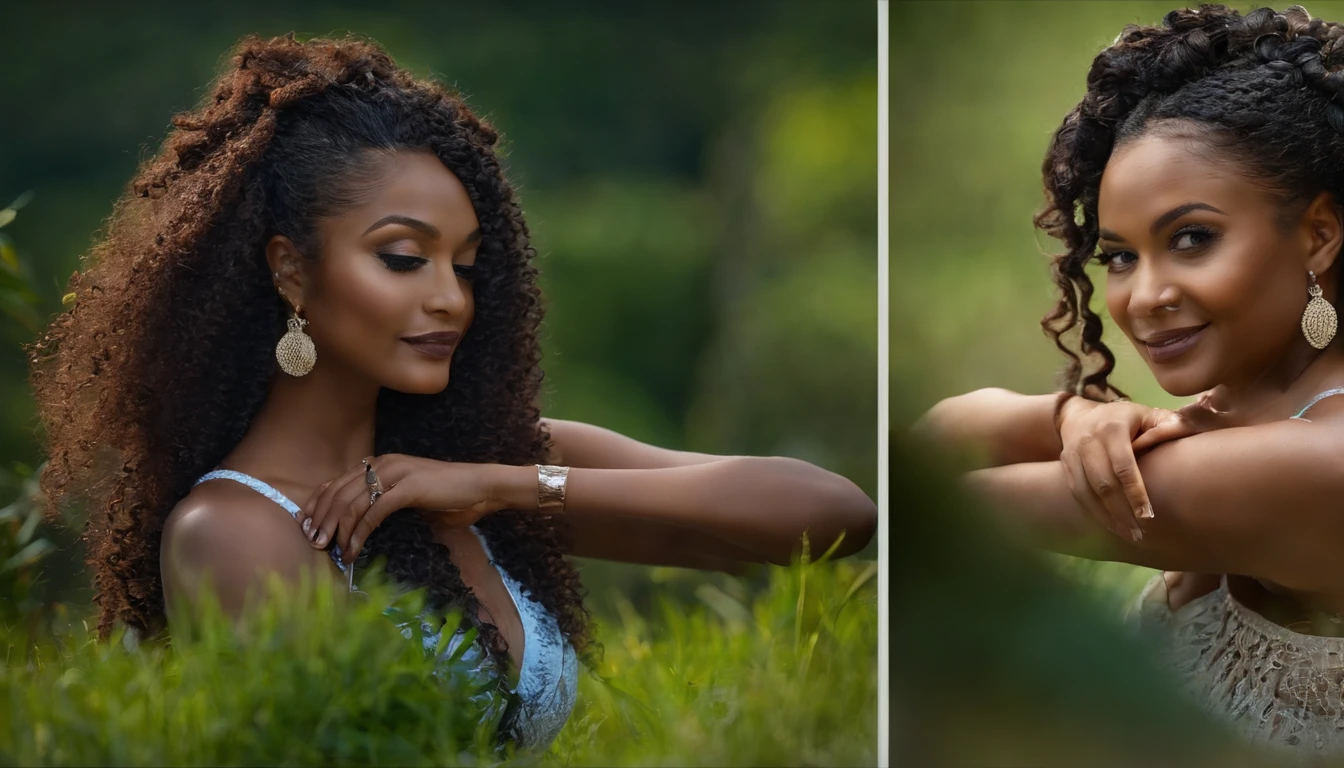 uma mulher de cabelos cacheados sorrindo e olhando para o celular, cabelos pretos cacheados | d & d, cabelos preto cacheados, cabelos preto cacheados, preto encaracolado, cabelos preto cacheados, cabelos cacheados, cabelos cacheados, bonito e sorridente, sentada num campo de flores
