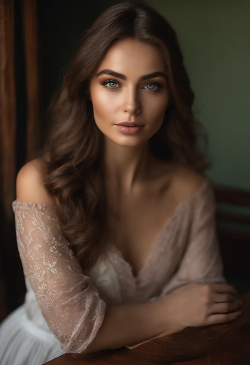 Arafed woman completely , on a houseboat, fille sexy aux yeux bruns, ultra realist, Meticulously detailed, Portrait Sophie Mudd, cheveux bruns et grands yeux, photo etière, woman sitting at a table, Yeux de chambre, Violet Myers, sans maquillage, maquillage naturel, looking straight at camera, Visage avec Artgram, Maquillage subtil, , Medium to large bust, Slender leg