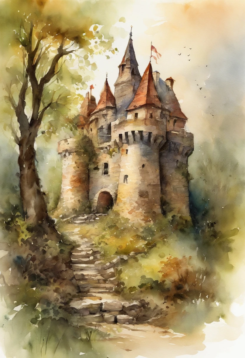 Best Quality, masutepiece, 超A high resolution, (photos realistic:1.4), surrealism, dream-like,fusionart,Dilapidated castle in the background
