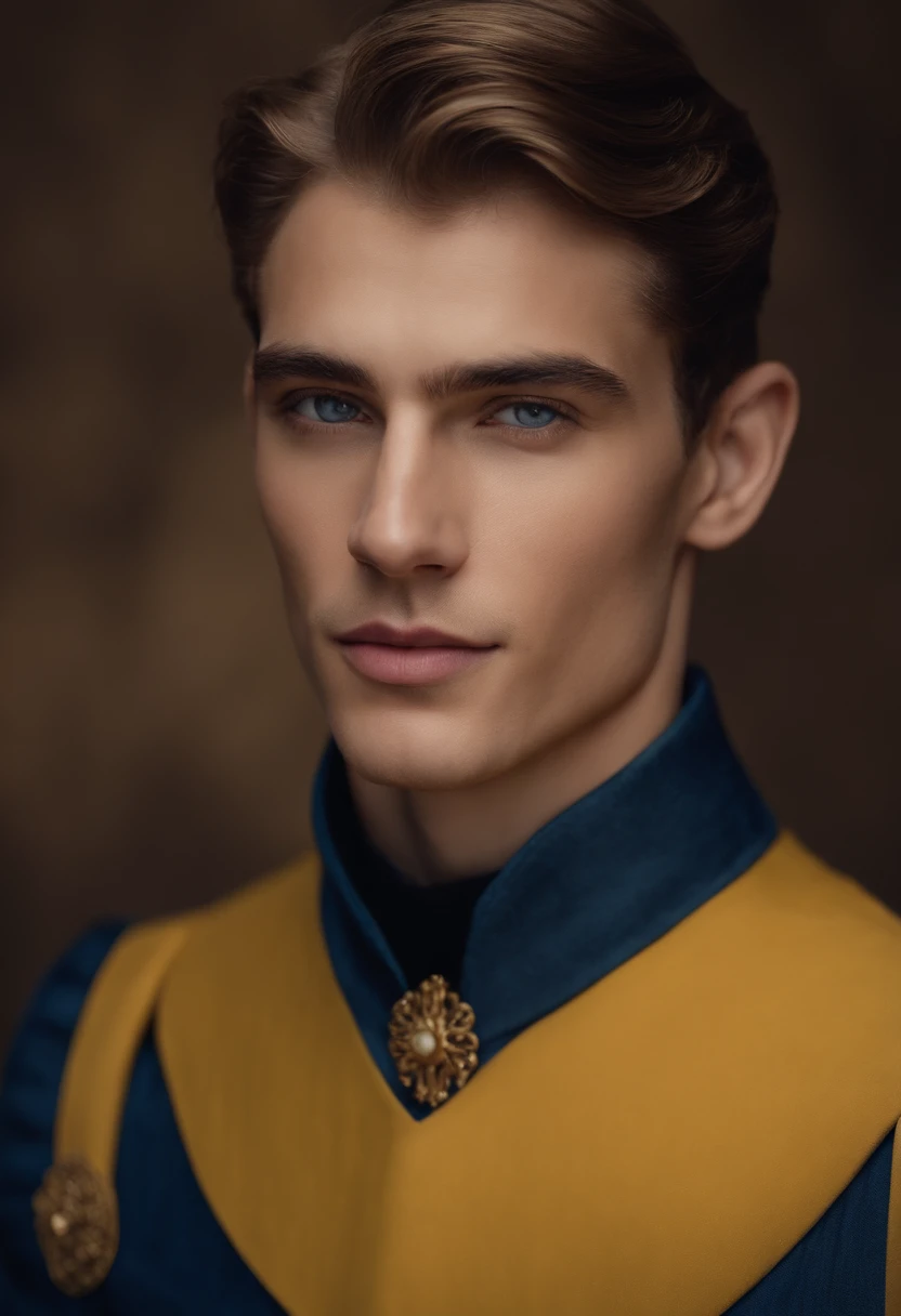 In his early 20s,a man this Brit boasts a white complexion that highlights the harmony of his refined facial features. Her blonde hair, cut short and with a silky tone, elegantly reaches her neck. Her blue eyes, clear as the sky, radiate vivacity, while her pink lips draw an infectious smile, lighting up her face. The perfectly sculpted contours of his jawline and straight nose contribute to remarkable facial symmetry. A smile of joy lights up his expression, giving him an irresistible charisma. Dressed in yellow costumes typical of the medieval era, he exudes a timeless charm. His body, toned and with lightly outlined muscles, denotes a combination of vitality and elegance. Every detail, from facial expression to the careful choice of clothing, makes for a captivating portrait of this young British man. Cinematic realistic portrait, bonito rosto detalhado, rosto realista altamente detalhado, Rosto altamente detalhado de 8k, retrato de rosto detalhado realista, 8k portrait render, sharp high detail face, realistic face moody lighting, rosto realista detalhado, rosto realista humano, Retrato VFX altamente detalhado, rosto detalhado e realista, rosto realista e detalhado