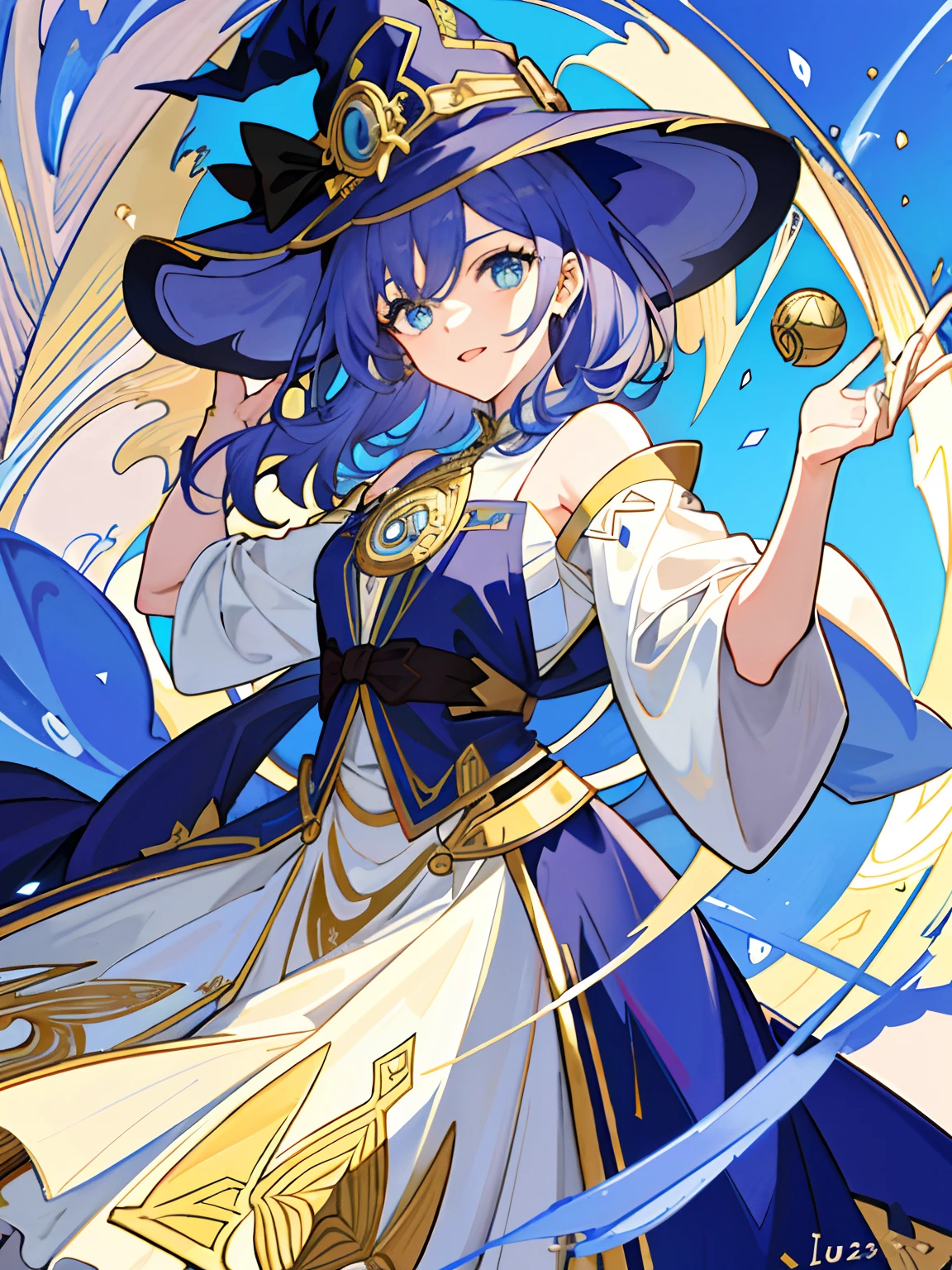 ((master part:1.2, best quality)), 1girl, sozinho, (witch hat), um close up de uma menina com cabelo enrolado, cabelo comprido, vestir, Luvas, heaven, vestir, boca aberta, Olhos azuis claros, fitas, sorrir, cabo, cabelos vermelhos, Magic, casting spell, (impressionismo:1.4), Alphonse Mucha, doces coloridos, Preto e branco, livro para colorir