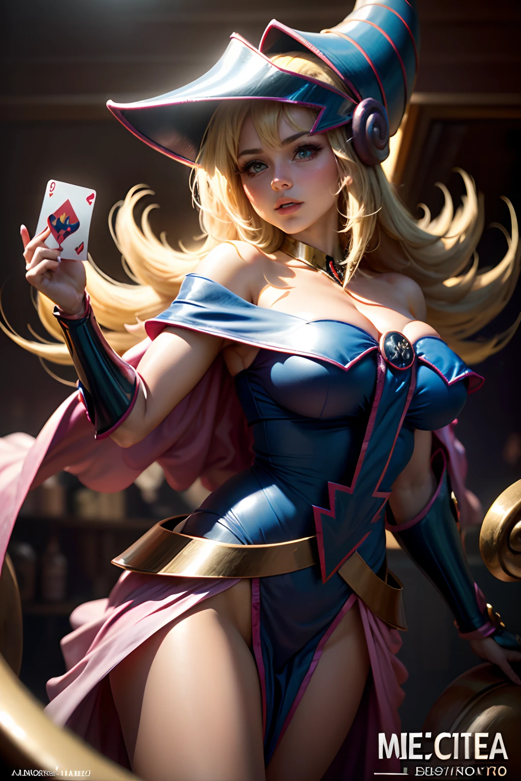 (Obra maestra:1.2), (La mejor calidad:1.2), Perfect lighting, Chica Maga Oscura lanzando un hechizo, In his twenties, flotando en el aire, tetas grandes, escote, blue robe, sombrero grande, desde arriba, Destellos, Yugioh Card en el fondo. Magical hearts