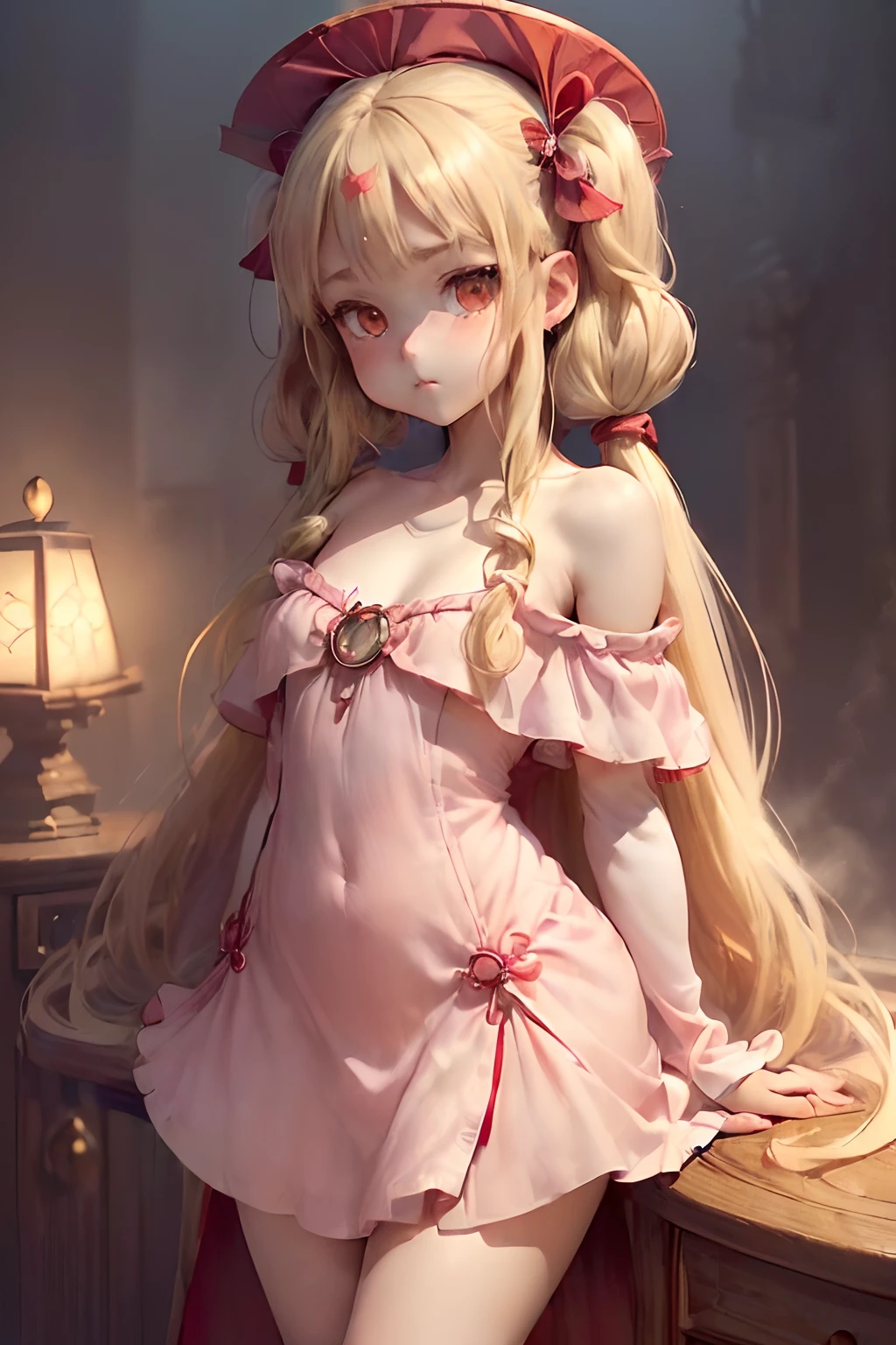 masterpiece,best quality,ultra detailed, ,wedding dressflat chest,twintails,fucked silly,ong hair,parted bangs,hair pulled back,hair intakes,blonde hair,delicate beautiful face,seductive smile,bare shoulder,barefoot,red ribbon, cowgirl position,on the bedroom