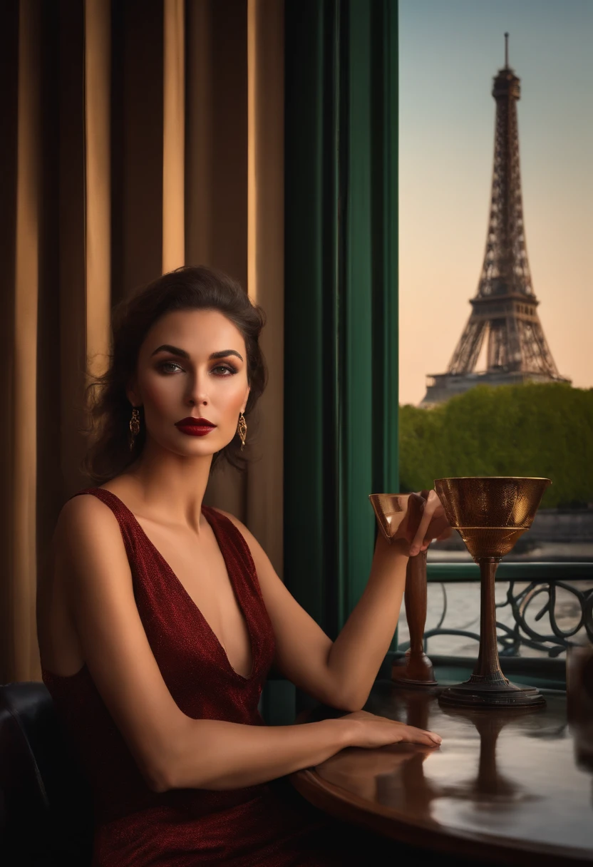 femme brune, ultra-realistic, on a houseboat, sur la seine, trait du visage fin, Slender leg, At the table with a view of the Eiffel Tower