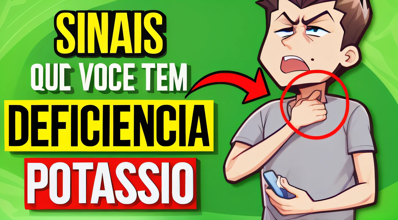 a cartoon image of a man with a red circle around his neck, desenho, Parece Fabiula Nascimento, ciencia, maxwell boas, Scoia'tael), Miniatura do YouTube, irisdicense, awesomenes, Directed by: Nandor Soldier, Disease, academia, Directed by: Caesar Andrade Faini, scientific, illustratioin, on the image is written SIGNS THAT YOU HAVE POTASSIUM DEFICIENCY