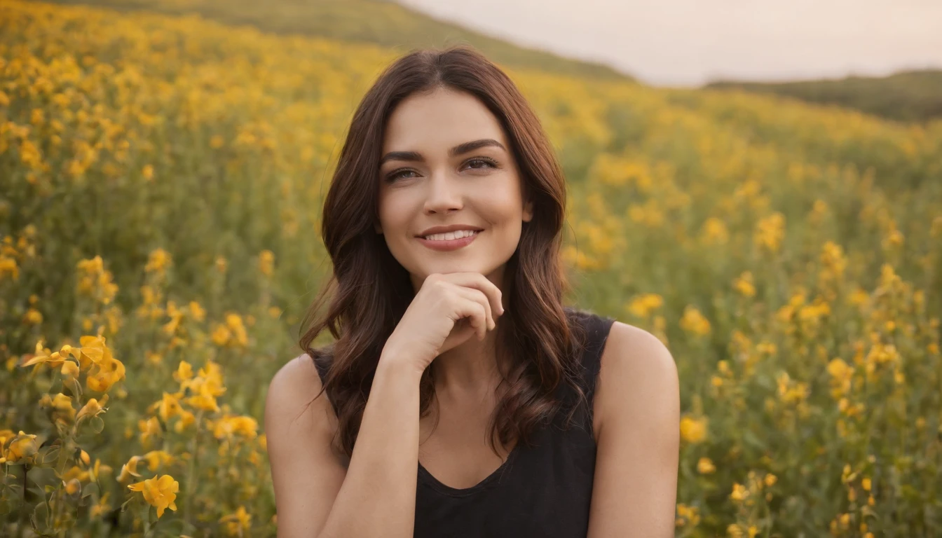 uma mulher de cabelos cacheados sorrindo e olhando para o celular, cabelos pretos cacheados | d & d, cabelos preto cacheados, cabelos preto cacheados, preto encaracolado, cabelos preto cacheados, cabelos cacheados, cabelos cacheados, bonito e sorridente, sentada num campo de flores