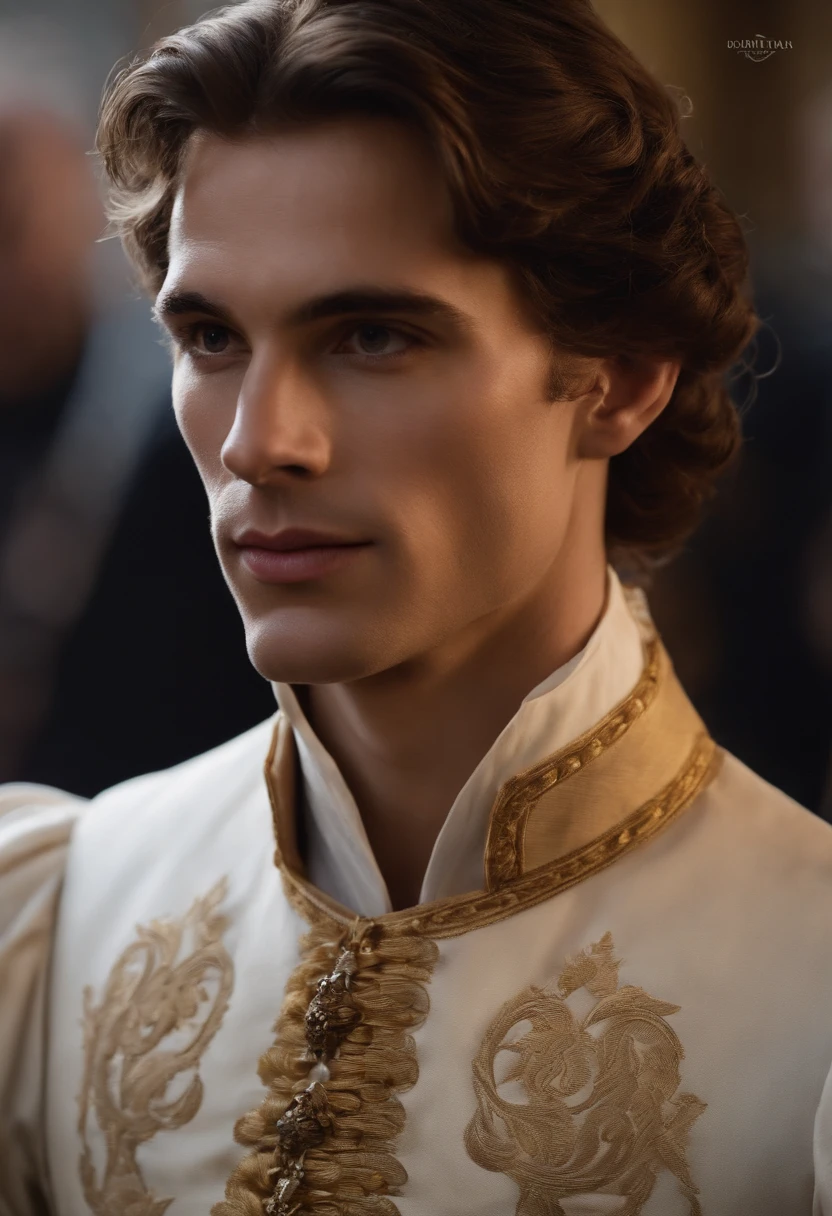 Aos 20 e poucos anos,A man this British possesses a white complexion that highlights the harmony of his refined facial features. Seus cabelos loiros, cortado curto e com um tom sedoso, Elegantly reaches for your neck. Seus olhos azuis, clear as the sky, irradiar vivacidade, while her pink lips draw an infectious smile, iluminando seu rosto. The perfectly sculpted contours of his jaw and straight nose contribute to a remarkable facial symmetry. A smile of joy lights up his expression, giving him an irresistible charisma. Dressed in yellow costumes typical of the medieval era, ele exala um charme atemporal. Seu corpo, toned and with slightly outlined muscles, denotes a combination of vitality and elegance. Cada detalhe, From facial expression to careful choice of clothing, makes a captivating portrait of this young Briton.  Cinematic realistic portrait, bonito rosto detalhado, rosto realista altamente detalhado, Rosto altamente detalhado de 8k, retrato de rosto detalhado realista, 8k portrait render, sharp high detail face, realistic face moody lighting, rosto realista detalhado, rosto realista humano, Retrato VFX altamente detalhado, rosto detalhado e realista, rosto realista e detalhado