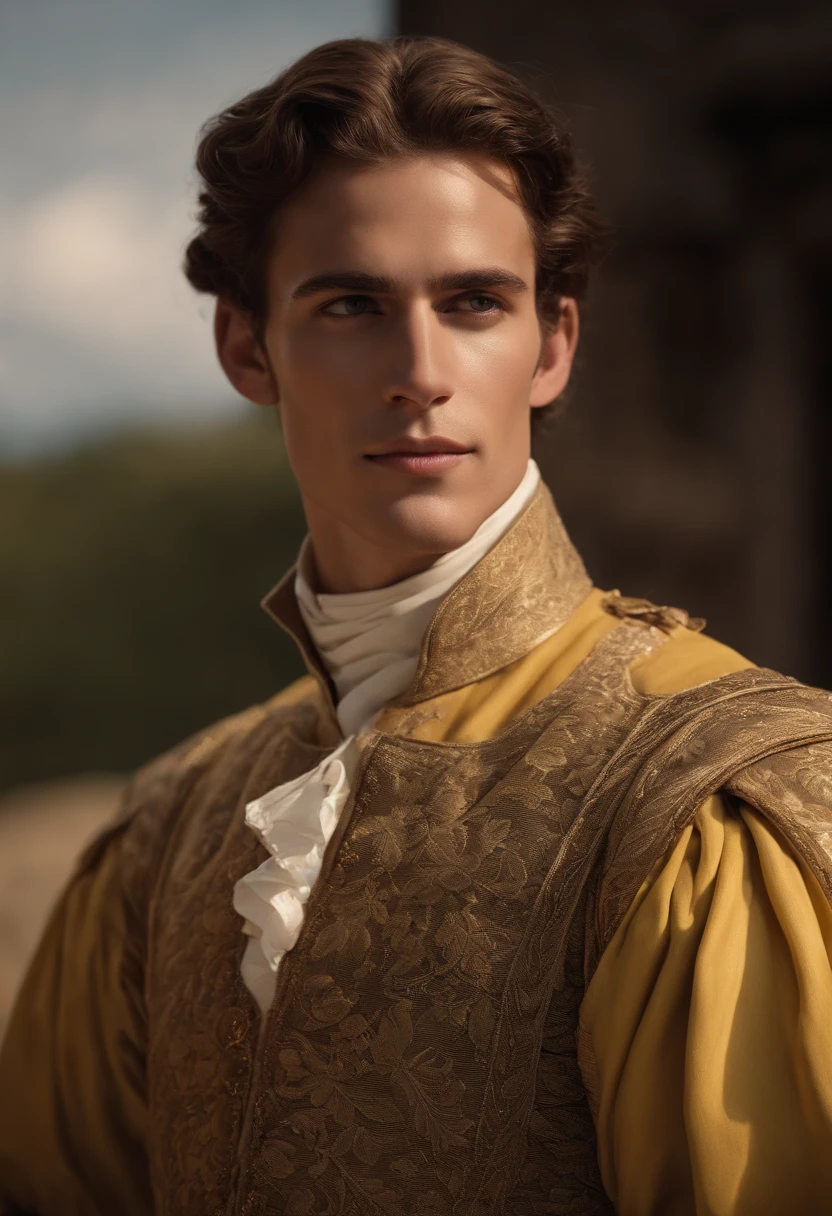 Aos 20 e poucos anos,A man this British possesses a white complexion that highlights the harmony of his refined facial features. Seus cabelos loiros, cortado curto e com um tom sedoso, Elegantly reaches for your neck. Seus olhos azuis, clear as the sky, irradiar vivacidade, while her pink lips draw an infectious smile, iluminando seu rosto. The perfectly sculpted contours of his jaw and straight nose contribute to a remarkable facial symmetry. A smile of joy lights up his expression, giving him an irresistible charisma. Dressed in yellow costumes typical of the medieval era, ele exala um charme atemporal. Seu corpo, toned and with slightly outlined muscles, denotes a combination of vitality and elegance. Cada detalhe, From facial expression to careful choice of clothing, makes a captivating portrait of this young Briton.  Cinematic realistic portrait, bonito rosto detalhado, rosto realista altamente detalhado, Rosto altamente detalhado de 8k, retrato de rosto detalhado realista, 8k portrait render, sharp high detail face, realistic face moody lighting, rosto realista detalhado, rosto realista humano, Retrato VFX altamente detalhado, rosto detalhado e realista, rosto realista e detalhado