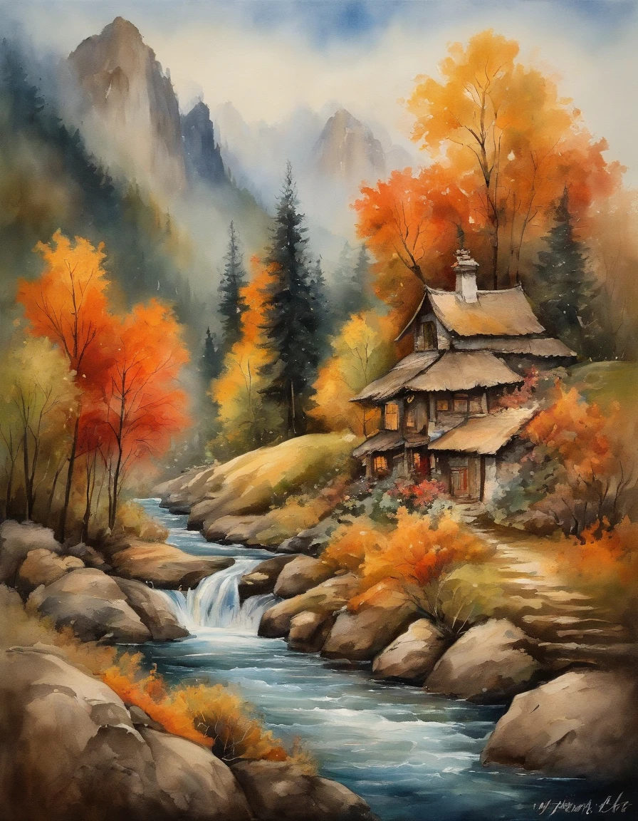 Bizarre steep peaks,autumnal,There is a creek at the bottom of the mountain,There are reflections in the stream,Village cottage,And cooking smoke rises,The pine tree has a peculiar shape,Sway with the wind,Color palette style,iso-distance view,Colored lead painting,Surreal Photo,dream magical,pixel-perfect,hyper HD,in a panoramic view,8K分辨率,ultra-wide-angle,Faraway view,chinese paintings,Realistis,Post-Impressionism