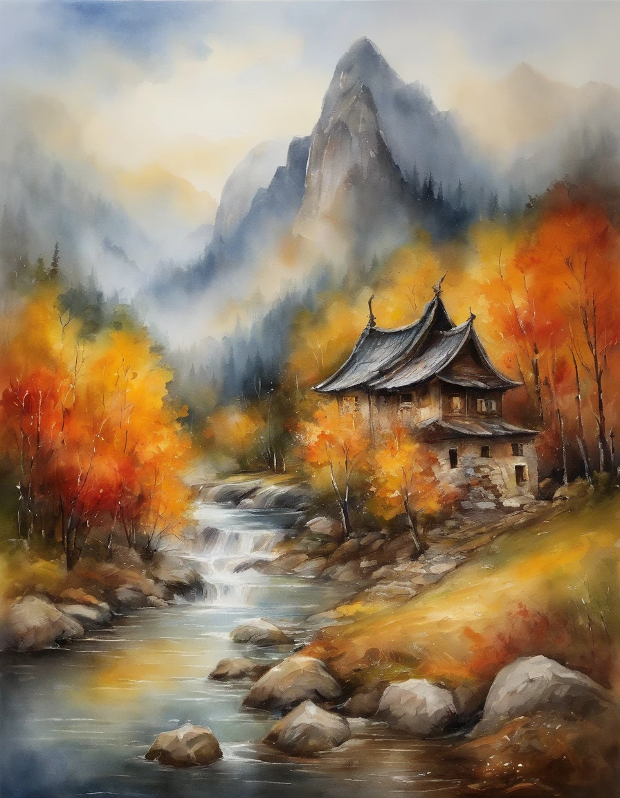 Bizarre steep peaks,autumnal,There is a creek at the bottom of the mountain,There are reflections in the stream,Village cottage,And cooking smoke rises,The pine tree has a peculiar shape,Sway with the wind,Color palette style,iso-distance view,Colored lead painting,Surreal Photo,dream magical,pixel-perfect,hyper HD,in a panoramic view,8K分辨率,ultra-wide-angle,Faraway view,chinese paintings,Realistis,Post-Impressionism
