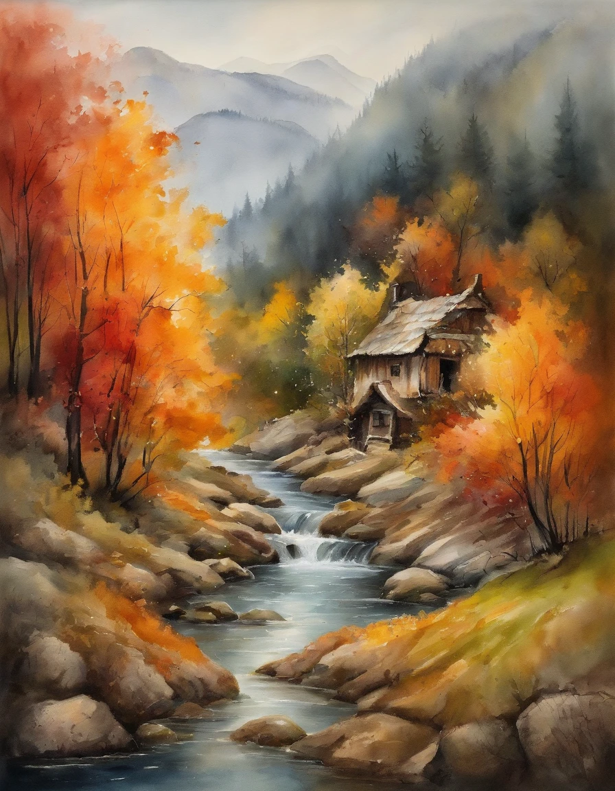 Bizarre steep peaks,autumnal,There is a creek at the bottom of the mountain,There are reflections in the stream,Village cottage,And cooking smoke rises,The pine tree has a peculiar shape,Sway with the wind,Color palette style,iso-distance view,Colored lead painting,Surreal Photo,dream magical,pixel-perfect,hyper HD,in a panoramic view,8K分辨率,ultra-wide-angle,Faraway view,chinese paintings,Realistis,Post-Impressionism