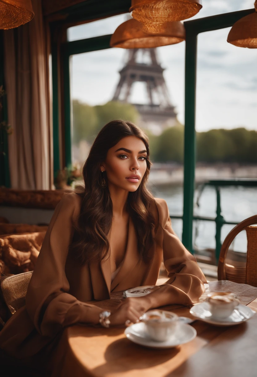 femme brune, ultra-realistic, visage madison beer, on a houseboat, sur la seine, trait du visage fin, Slender leg, At the table with a view of the Eiffel Tower