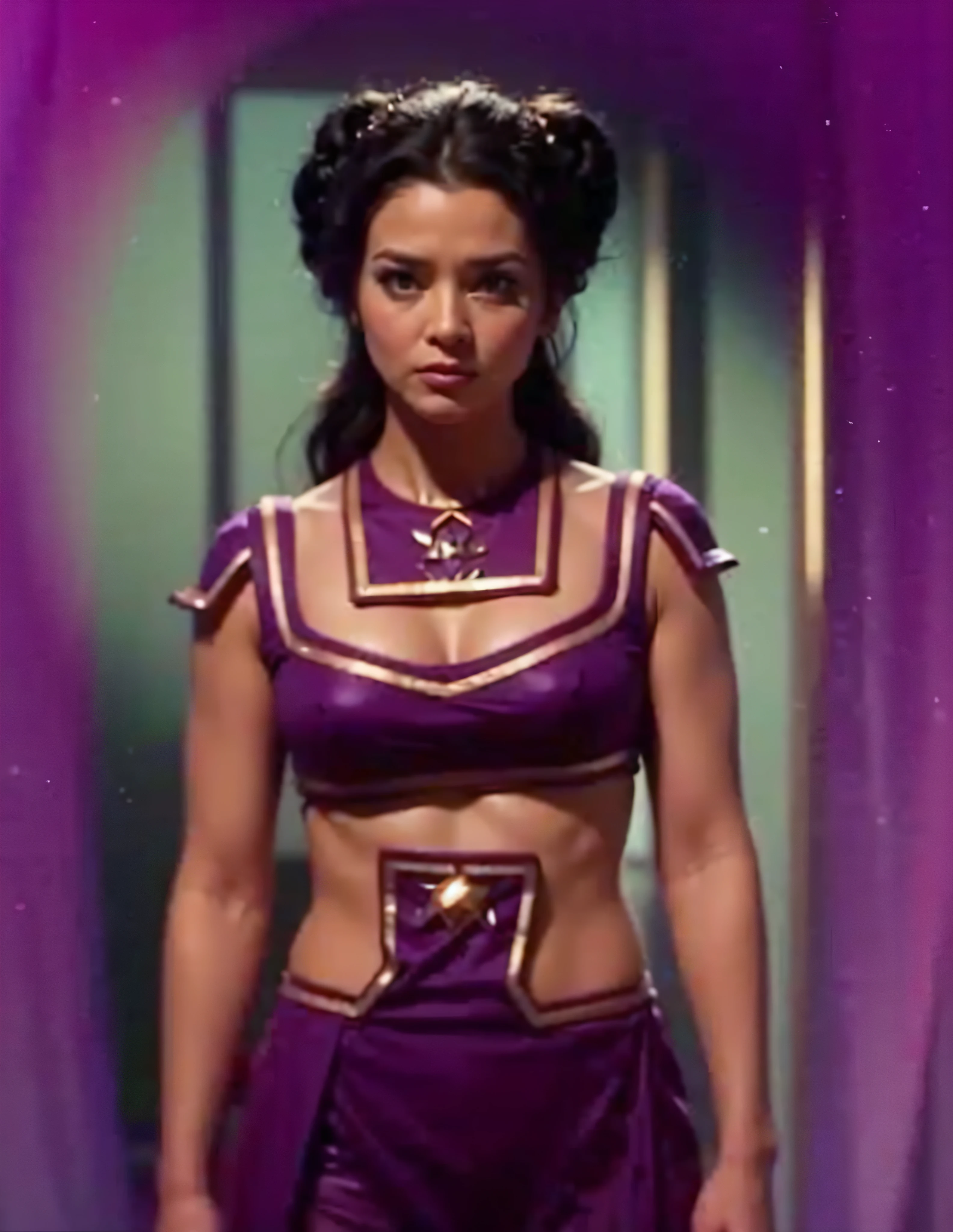 arafed woman with very bright purple & neon green makeup & elaborately coiffed black hair with side rolls, in star trek the original series, in star trek original series episode "That Which Survives", from star trek, film still from star trek, beautiful Oriental woman, in alien genie outfit, still from star trek, in alien space genie bikini outfit, as a gorgeous star trek woman, as beautiful star trek alien woman Losira, in a 2-piece alien space bikini genie harem outfit