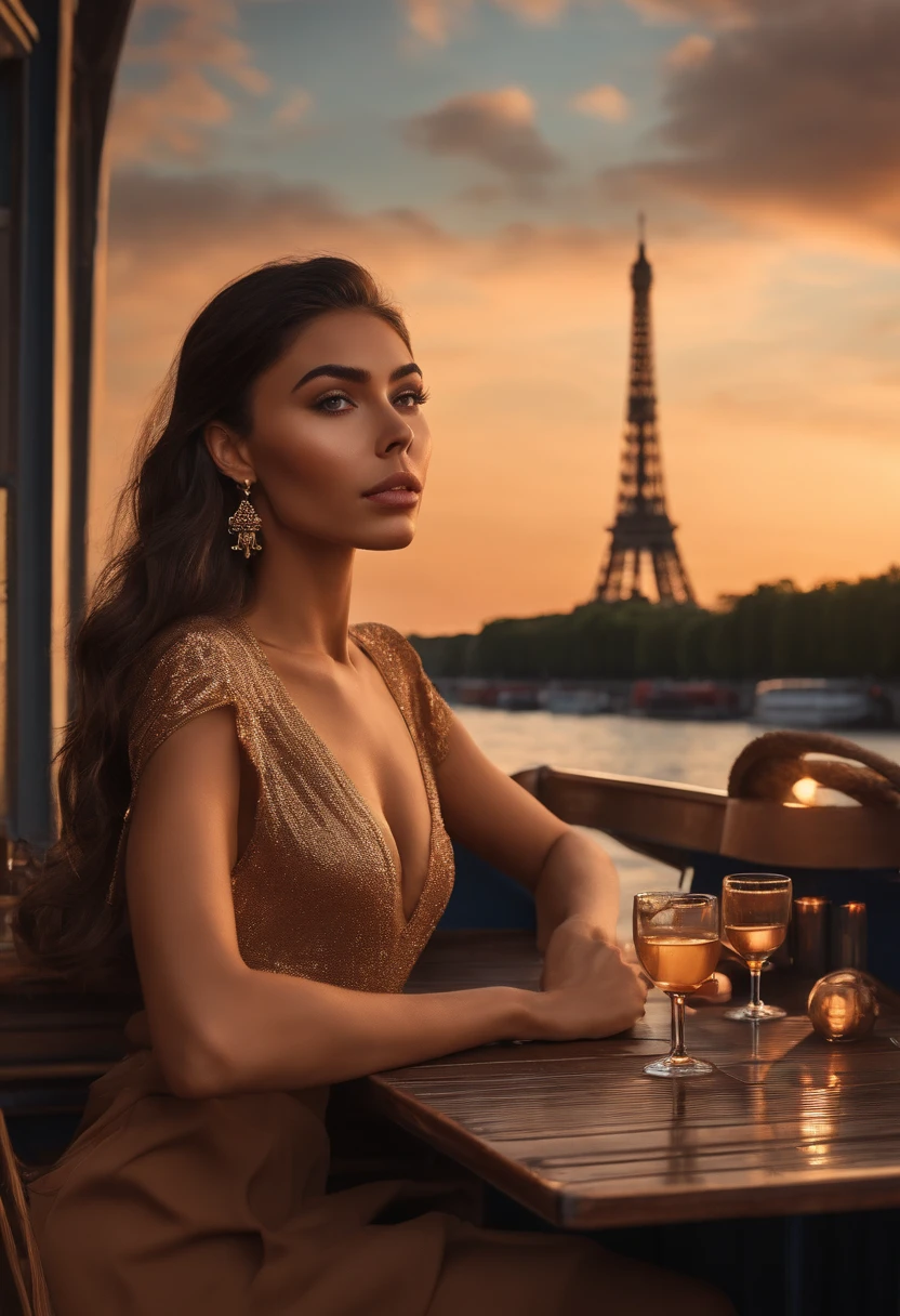 femme brune, ultra-realistic, visage madison beer, on a houseboat, sur la seine, trait du visage fin, Slender leg, At the table with a view of the Eiffel Tower, Ultra-realistic sets