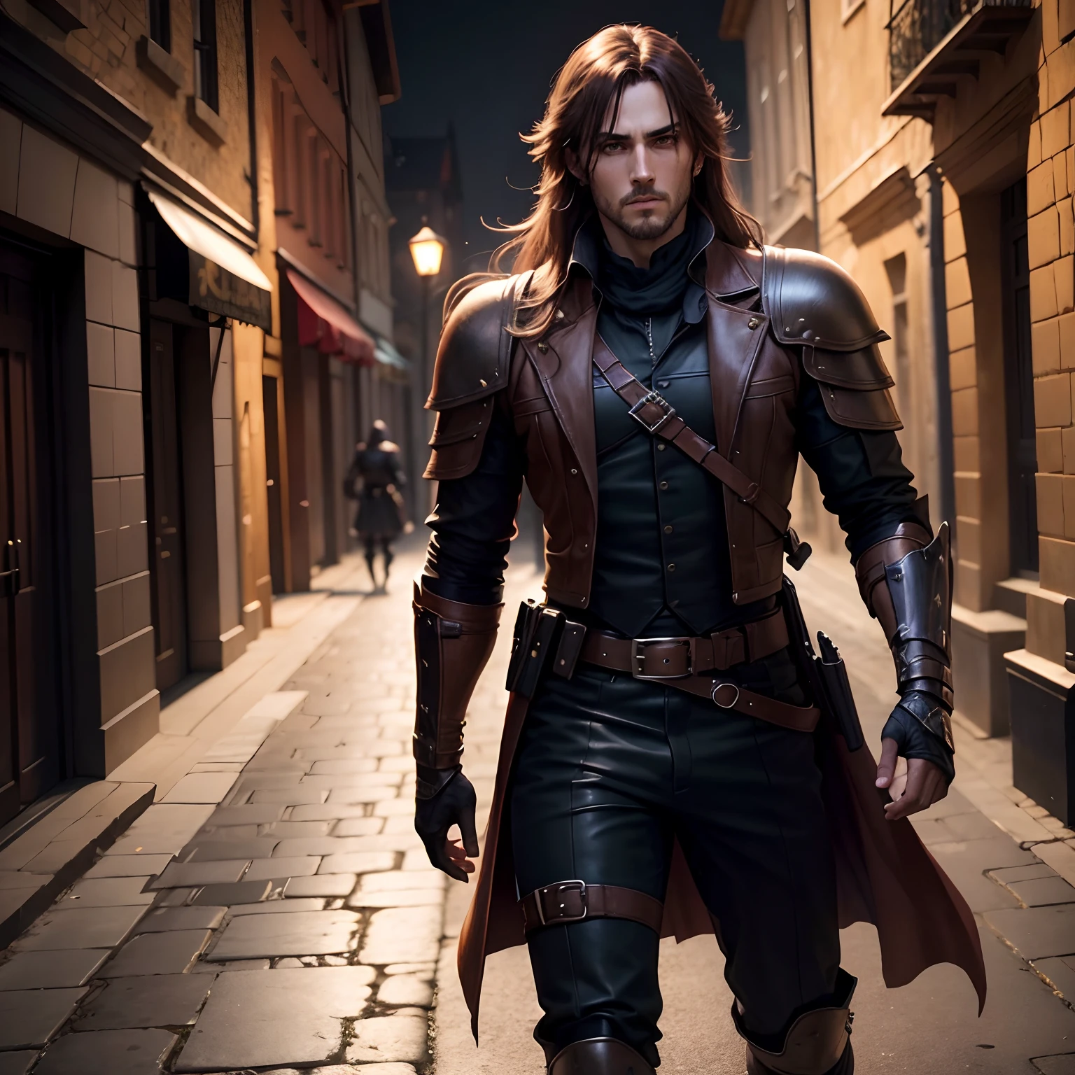A man look like Leon Kennedy,outfits Prince of parisa, long hair,shadow rogue, shadow power, RPG, medieval city scenery, assassin, brown eyes realistic, rogue armor , night, black tones,full body,4K