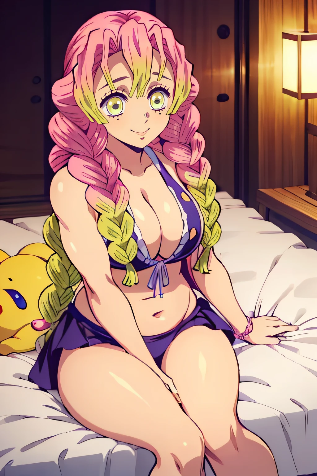 (obra maestra, mejor calidad), 1chica, MitsuriKanroji, deslumbrante, sonrisa, seno, Axilas, barriga, Muscle, , cama, Noche