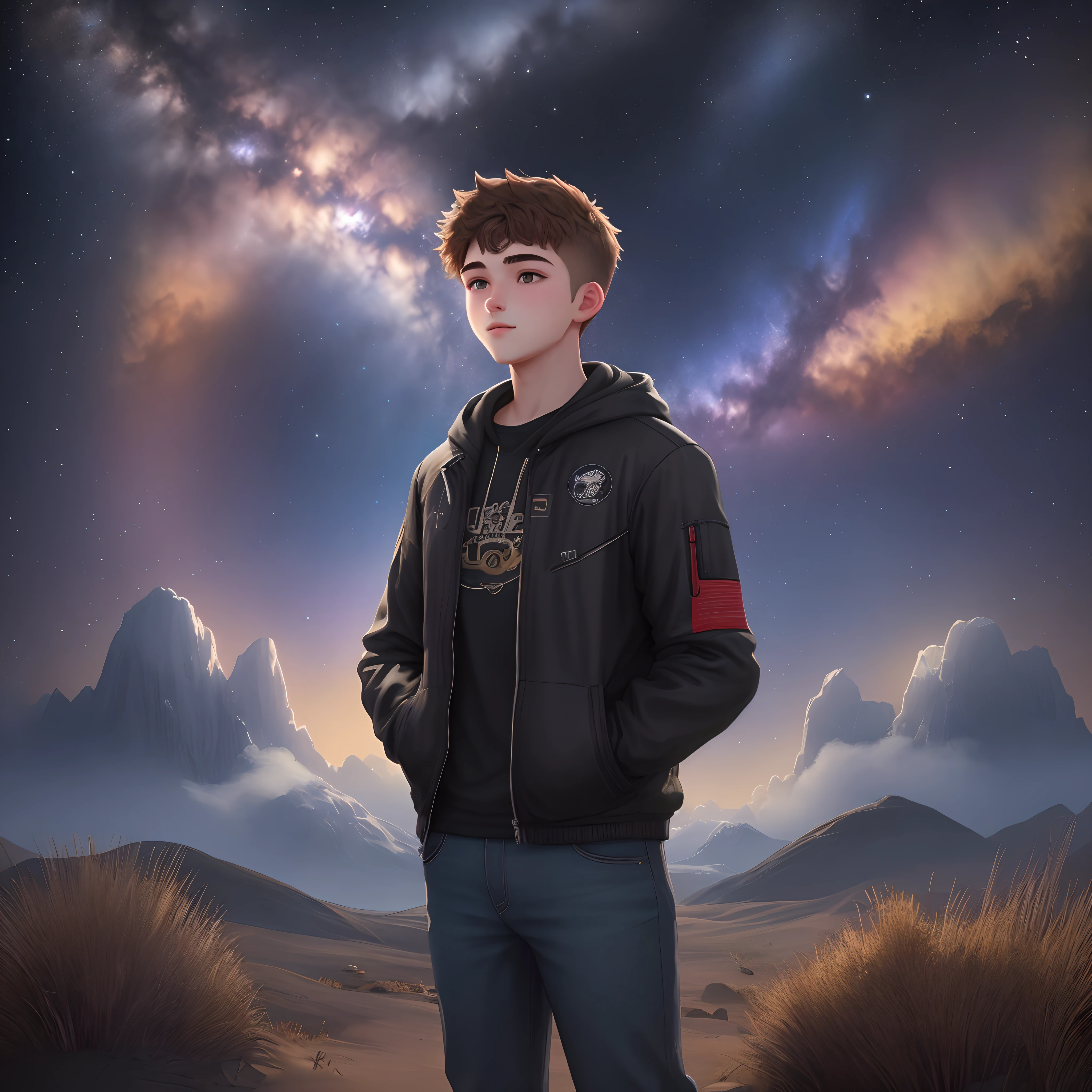 Create an image of a 20-year-old young man in love with the universe, where he is looking at a starry sky. aspect ratio 16:9 disney style, unreal engine, detailed, ultra hight definition, chibi, fullbody