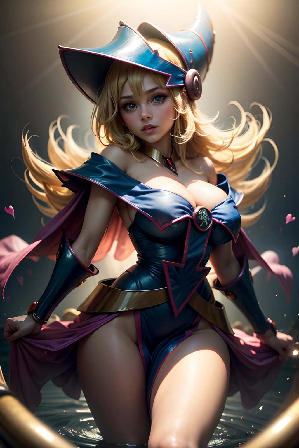 (Obra maestra:1.2), (La mejor calidad:1.2), Perfect lighting, Chica Maga Oscura lanzando un hechizo, In his twenties, flotando en el aire, tetas grandes, escote, blue robe, sombrero grande, desde arriba, Destellos, Yugioh juego, Magic of the Heart. Heart lights, Romantic Heart