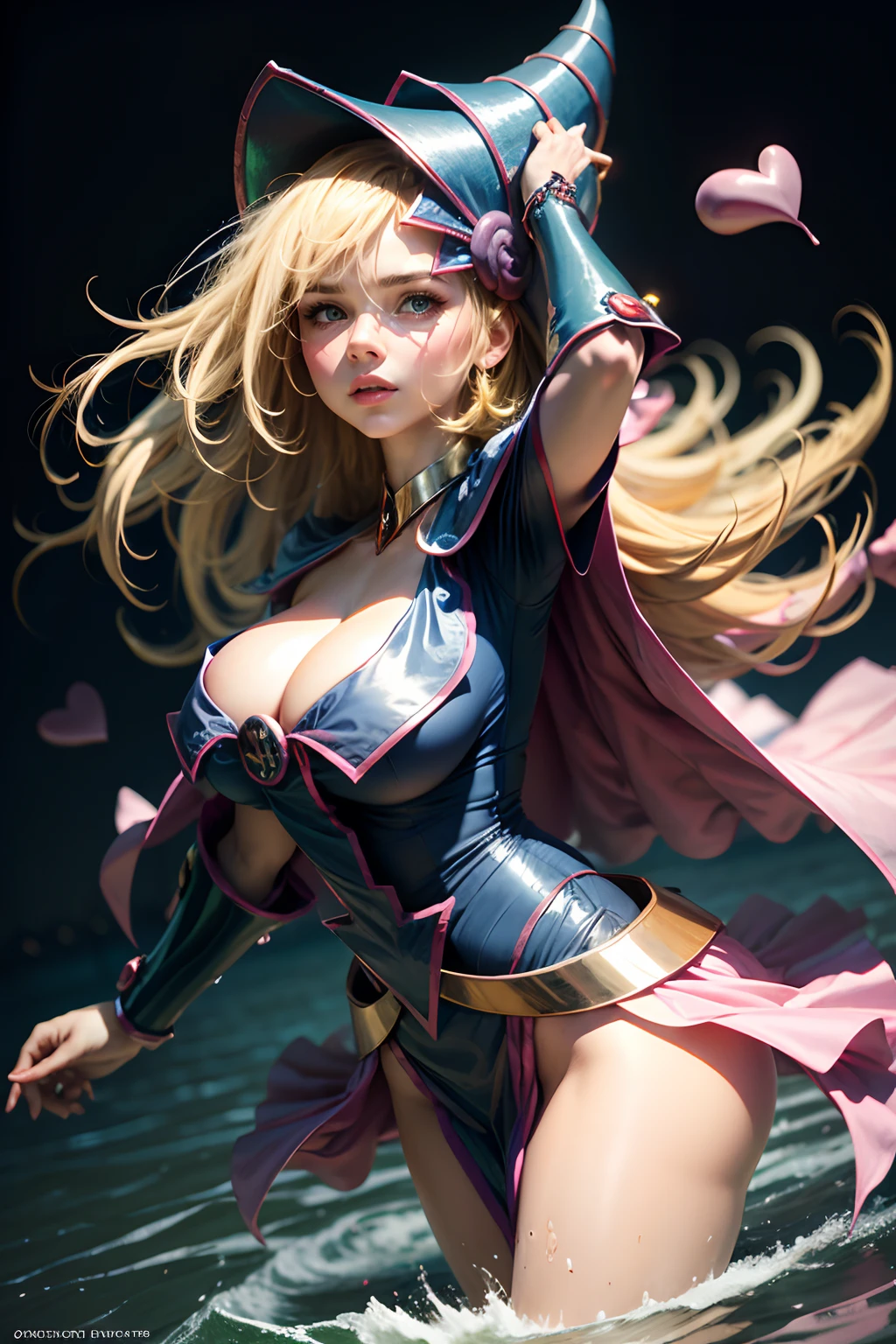 (Obra maestra:1.2), (La mejor calidad:1.2), Perfect lighting, Chica Maga Oscura lanzando un hechizo, In his twenties, flotando en el aire, tetas grandes, escote, blue robe, sombrero grande, desde arriba, Destellos, Yugioh juego, Magic of the Heart. Heart lights, Romantic Heart