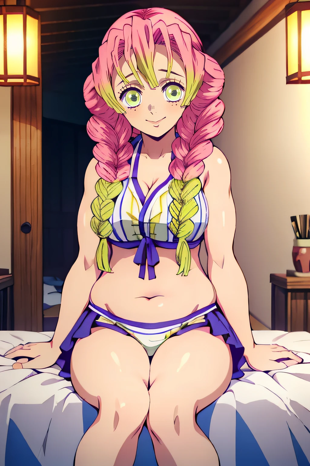 (obra maestra, mejor calidad), 1chica, MitsuriKanroji, deslumbrante, sonrisa, seno, Axilas, barriga, Muscle, , cama, Noche