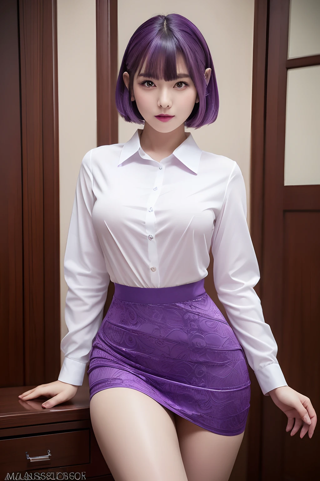(masterpiece, best quality), 1girl, purple hair, short hair, bangs, slim, (wide hips, thick thighs), looking at viewer, Blushing, (tight dress shirt, skirt), (masterpiece), (best quality:1.2), absurdres, intricate details, (Erotic face)